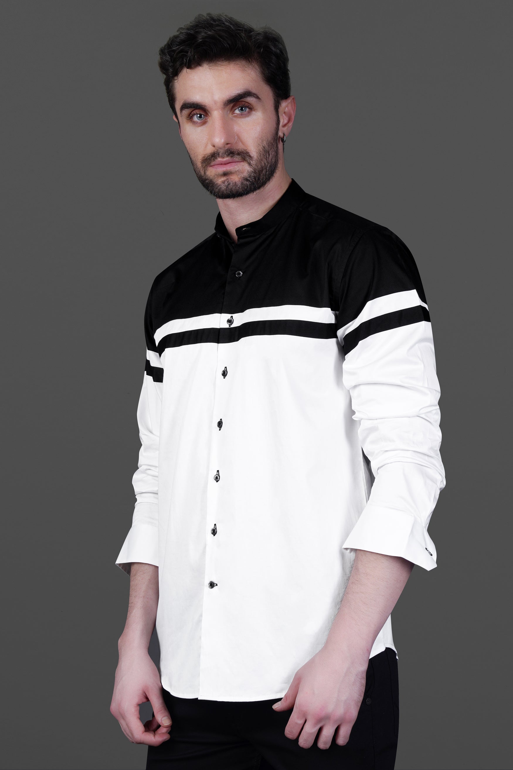 Bright White Subtle Sheen with Jade Black Chest Patch Patterned Super Soft Giza Cotton Shirt