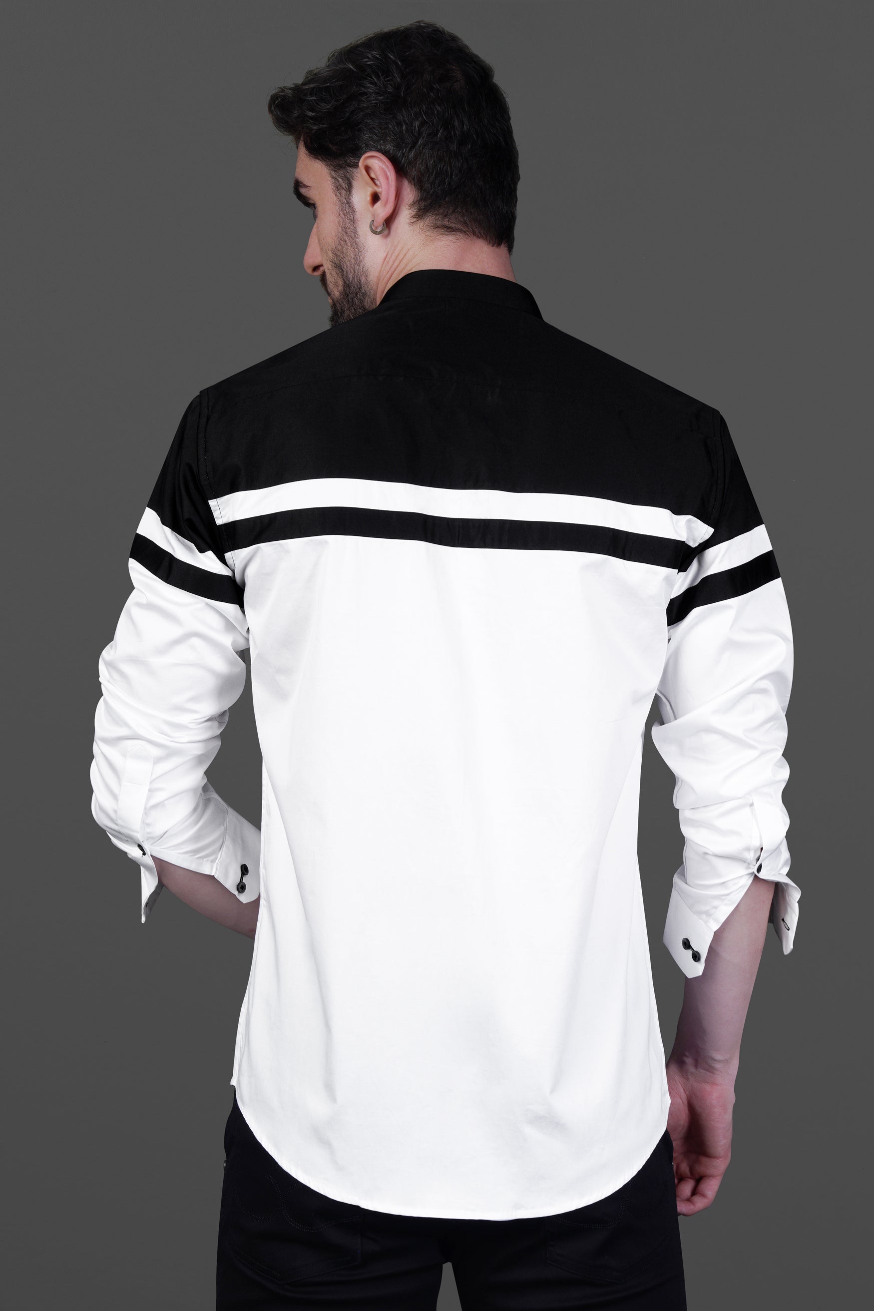 Bright White Subtle Sheen with Jade Black Chest Patch Patterned Super Soft Giza Cotton Shirt
