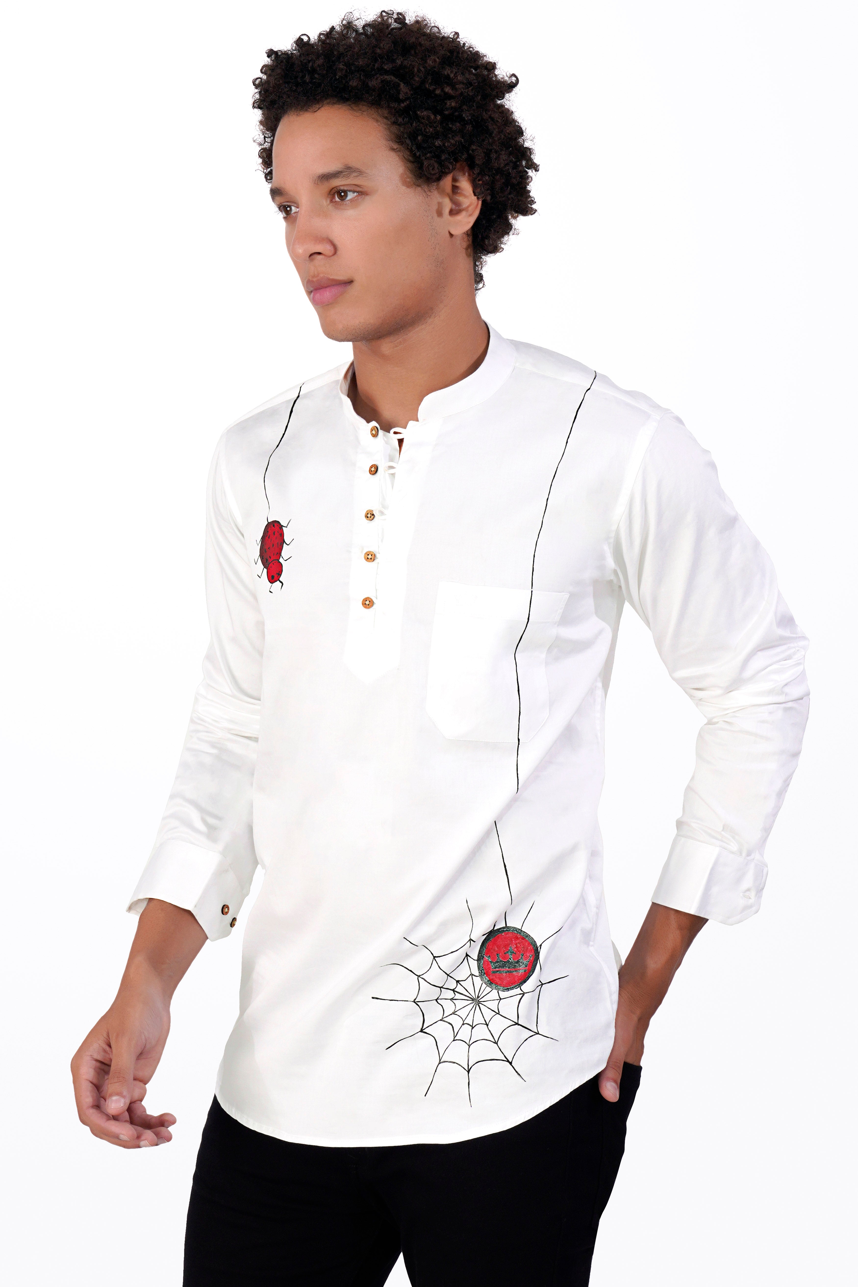 Bright White Spider Web Hand Painted Super Soft Premium Cotton Designer Kurta Shirt 2670-KS-ART01-38, 2670-KS-ART01-H-38, 2670-KS-ART01-39, 2670-KS-ART01-H-39, 2670-KS-ART01-40, 2670-KS-ART01-H-40, 2670-KS-ART01-42, 2670-KS-ART01-H-42, 2670-KS-ART01-44, 2670-KS-ART01-H-44, 2670-KS-ART01-46, 2670-KS-ART01-H-46, 2670-KS-ART01-48, 2670-KS-ART01-H-48, 2670-KS-ART01-50, 2670-KS-ART01-H-50, 2670-KS-ART01-52, 2670-KS-ART01-H-52