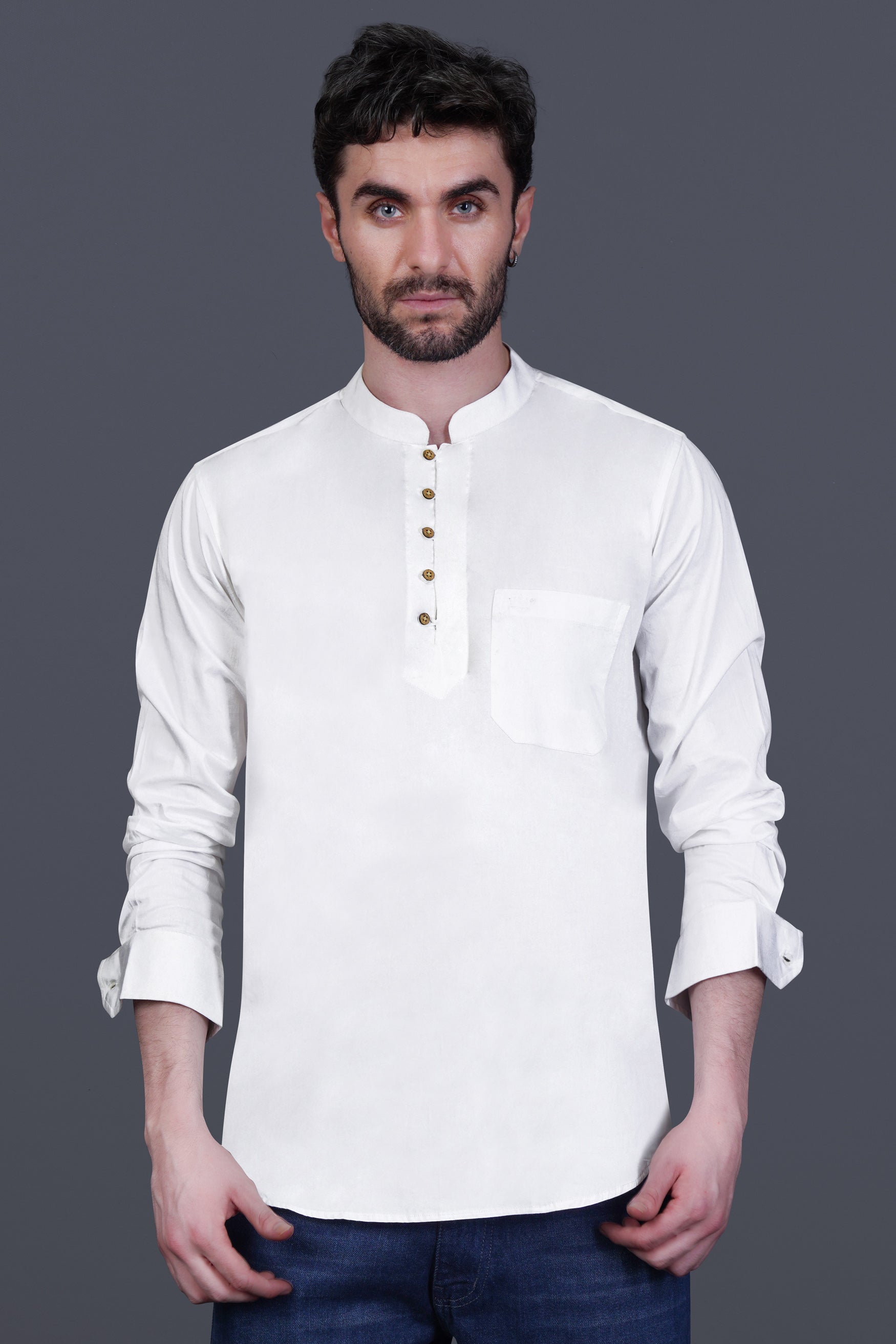 Bright White Maha Mrityunjaya Mantra Embroidered Subtle Sheen Super Soft Premium Cotton Designer Kurta Shirt