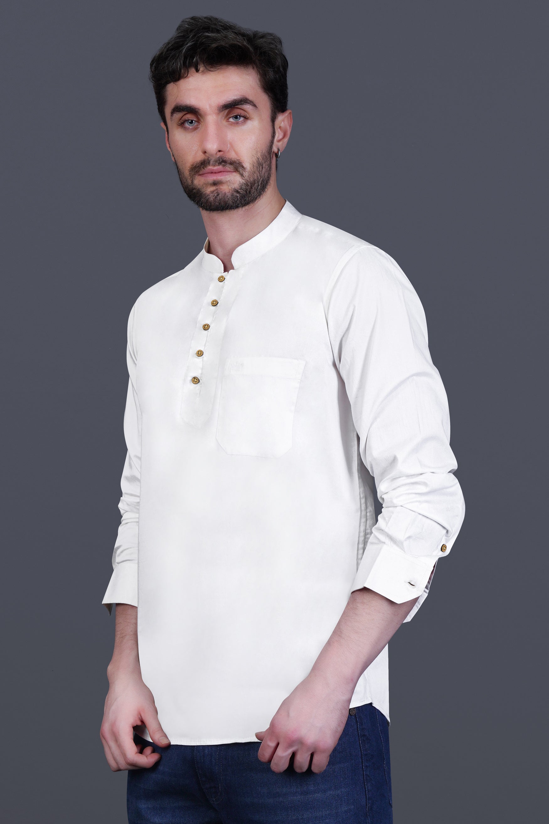 Bright White Maha Mrityunjaya Mantra Embroidered Subtle Sheen Super Soft Premium Cotton Designer Kurta Shirt