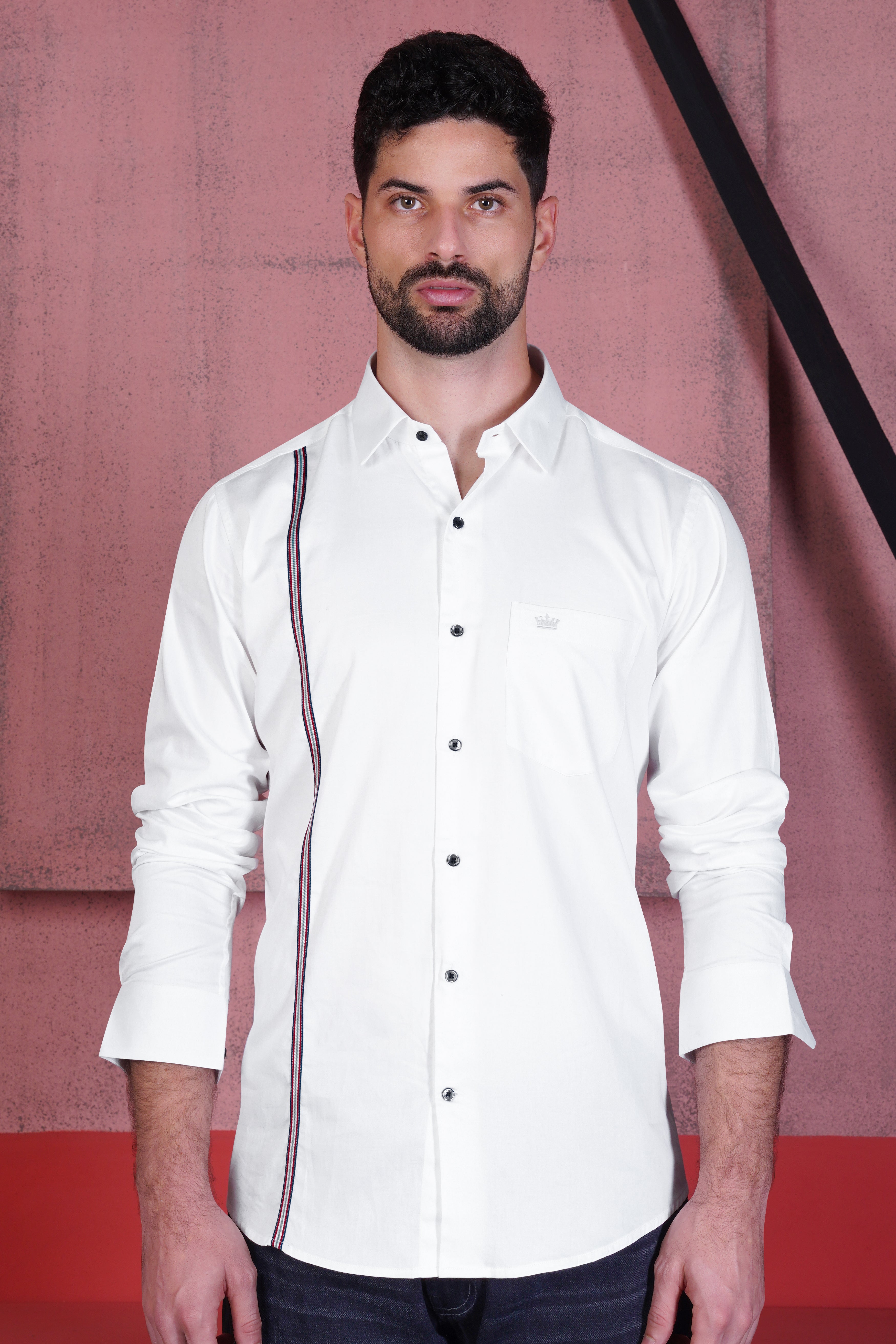 Bright White with Salomie and Black Subtle Sheen Piping Premium Cotton Shirt