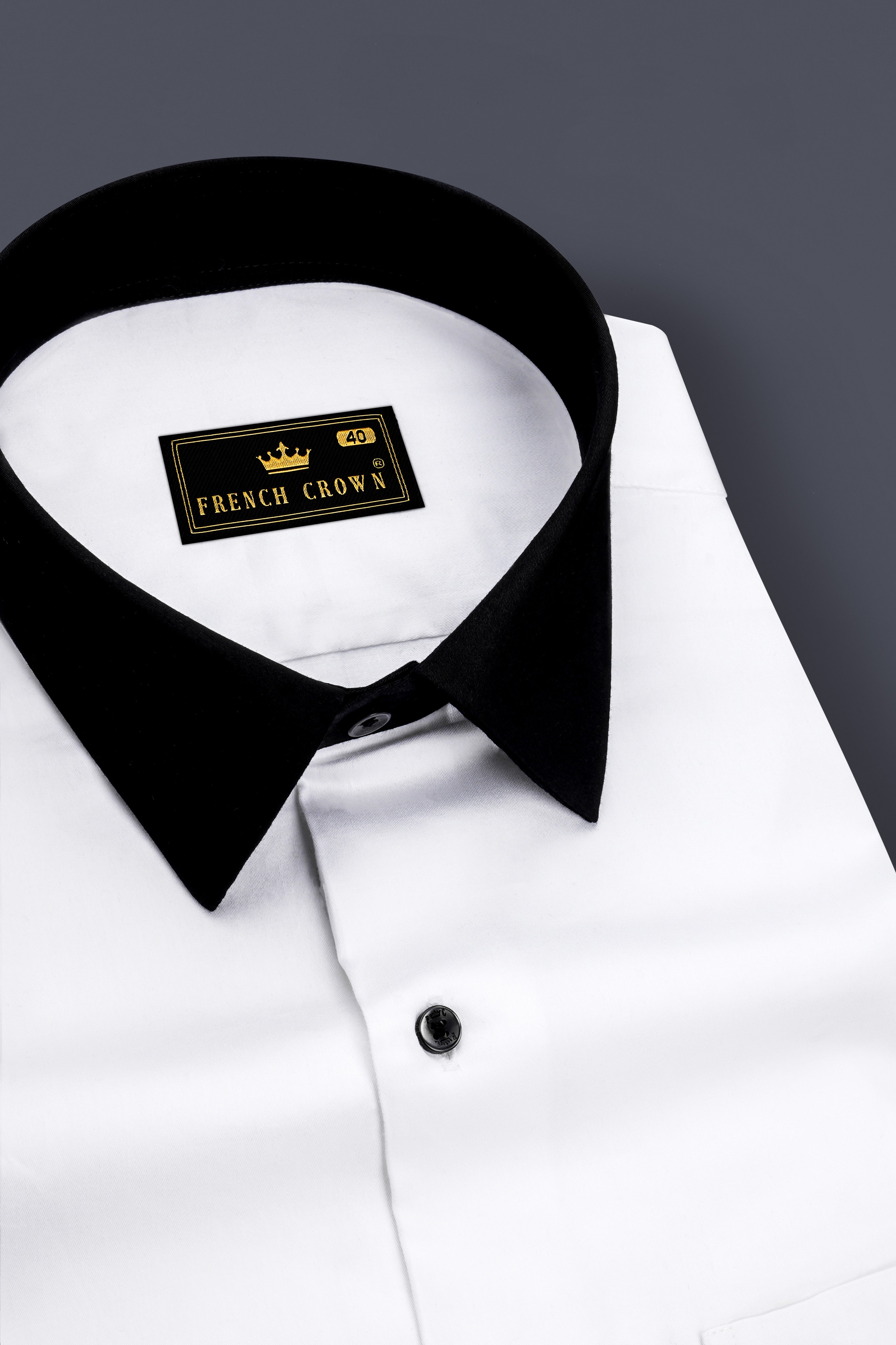 Bright White with Black Collar Subtle Sheen Premium Cotton Shirt