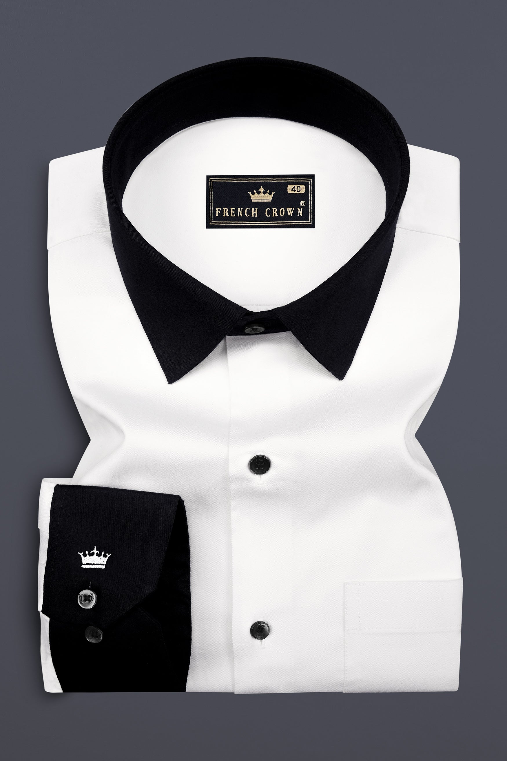 Bright White with Black Collar Subtle Sheen Premium Cotton Shirt