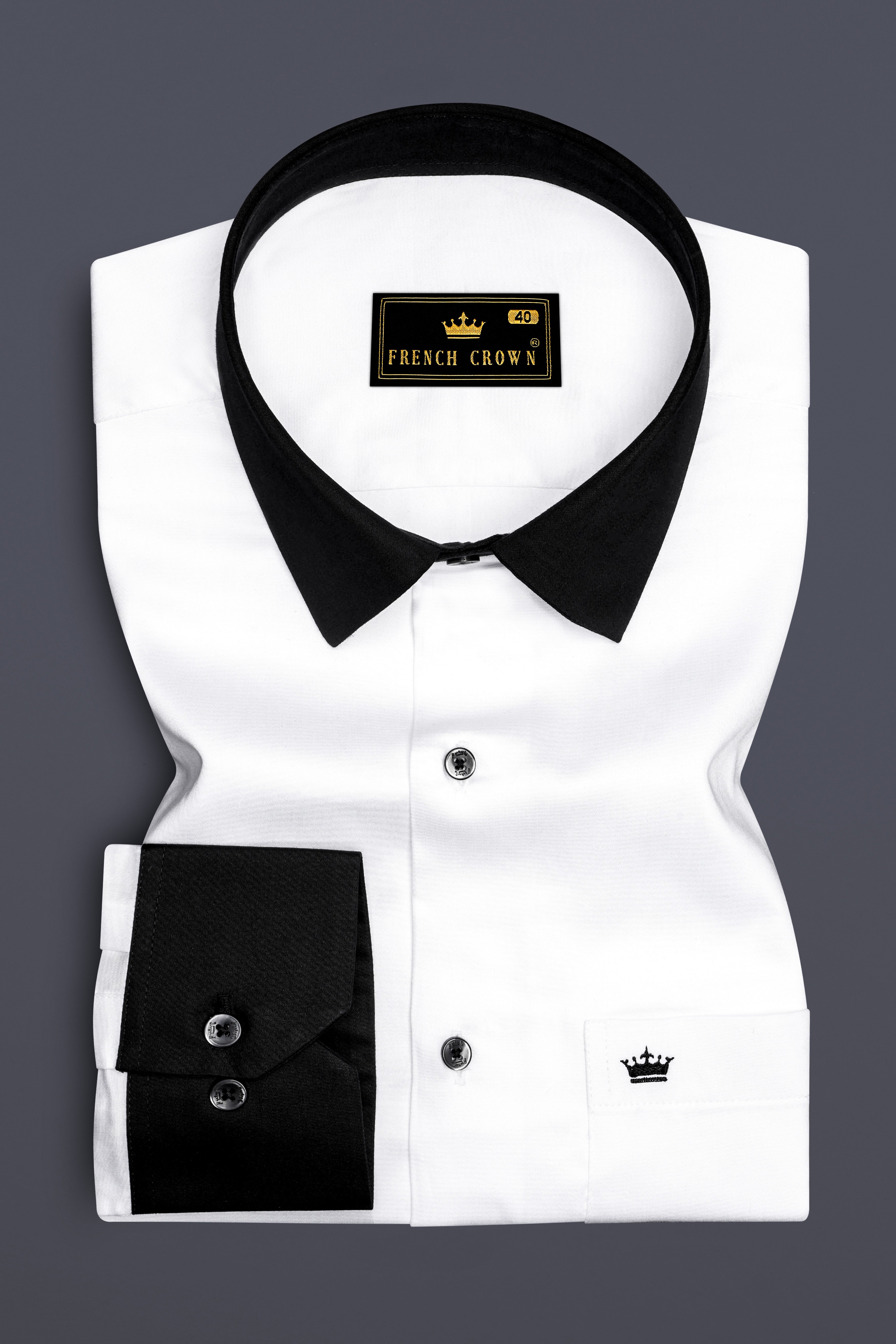 Bright White with Black Collar Subtle Sheen Premium Cotton Shirt