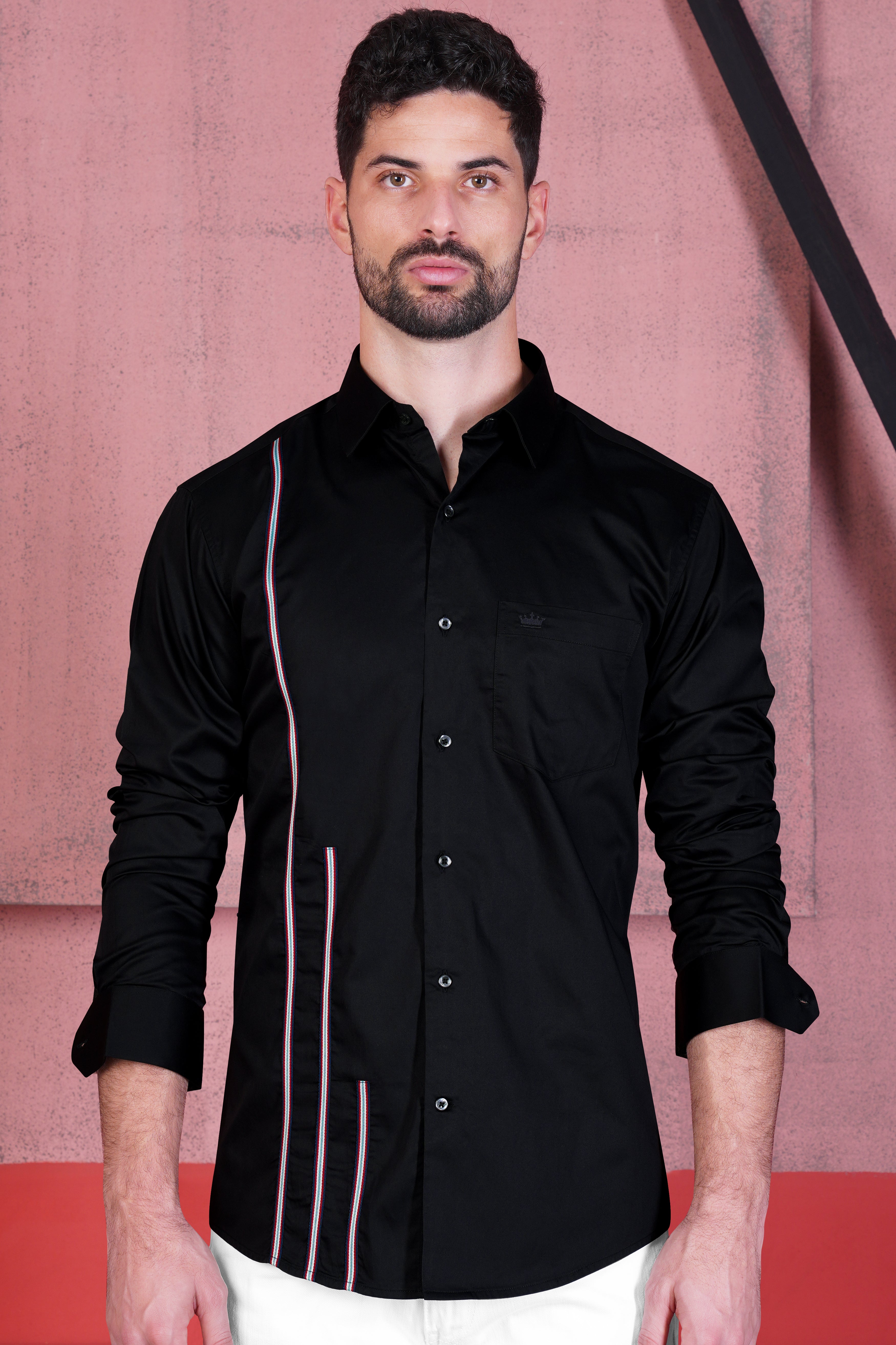 Jade Black with Carmine Red and Trimming Patterned Premium Satin Shirt