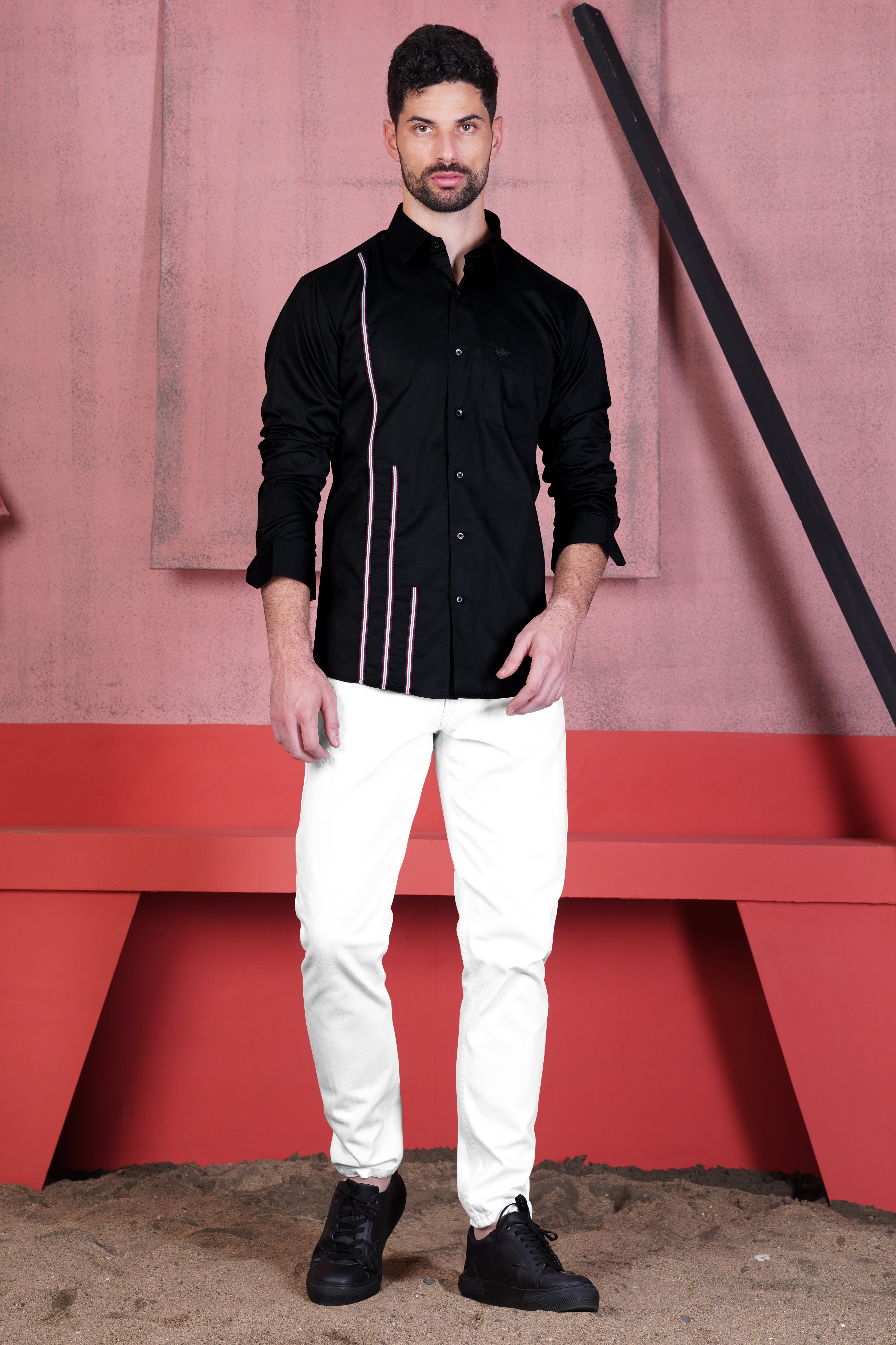 Jade Black with Carmine Red and Trimming Patterned Premium Satin Shirt