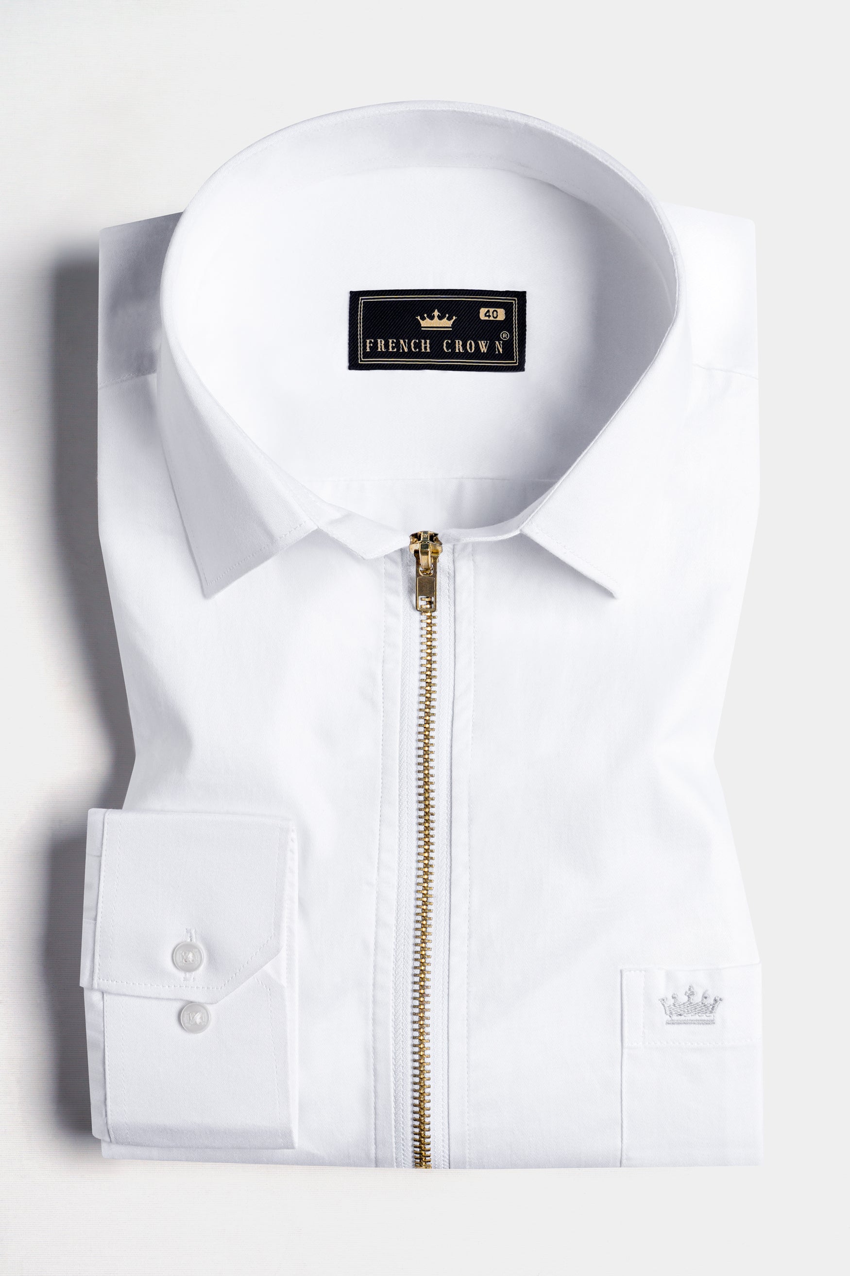 Bright White Subtle Sheen Zipper Closure Premium Cotton Shirt