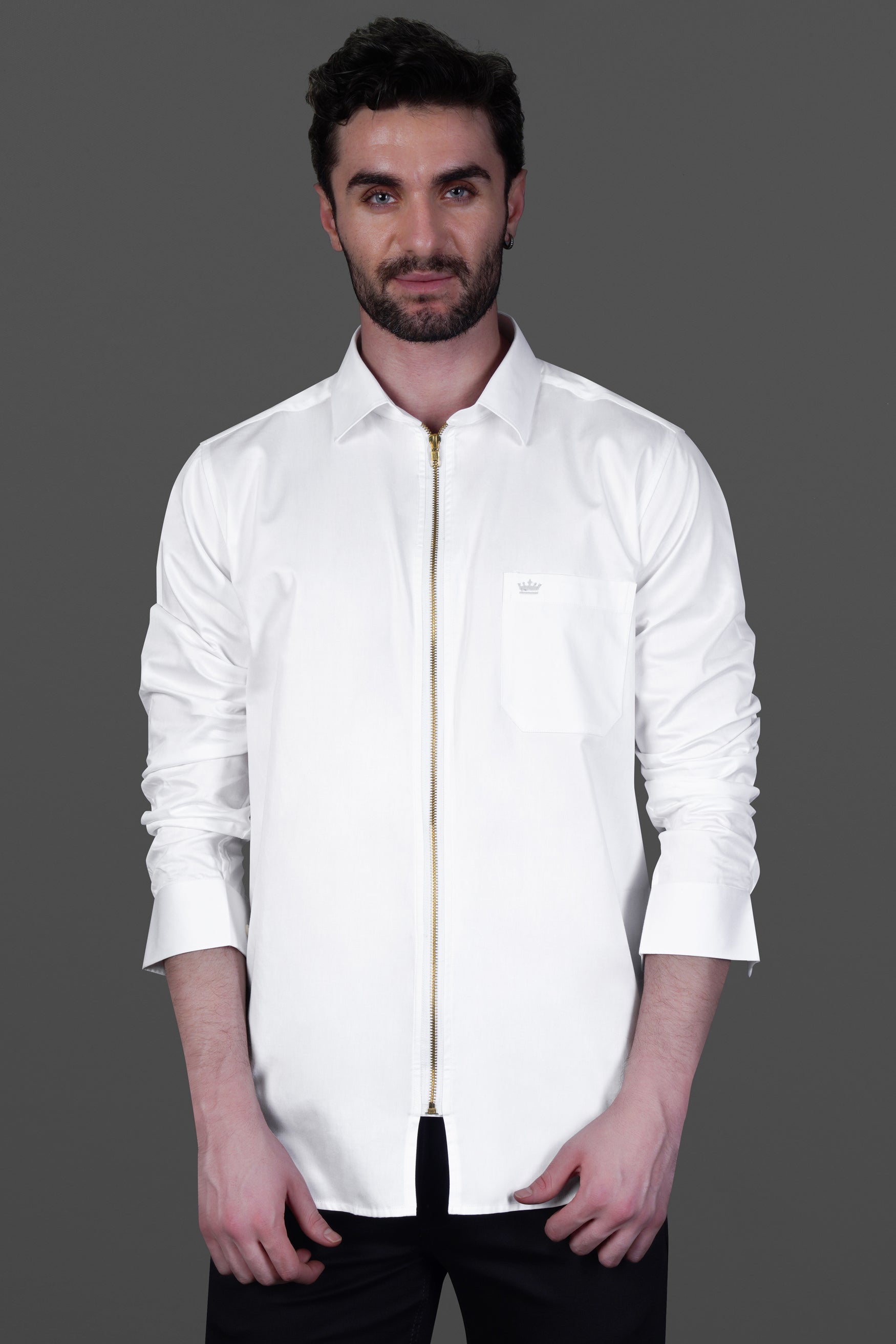 Bright White Subtle Sheen Zipper Closure Premium Cotton Shirt