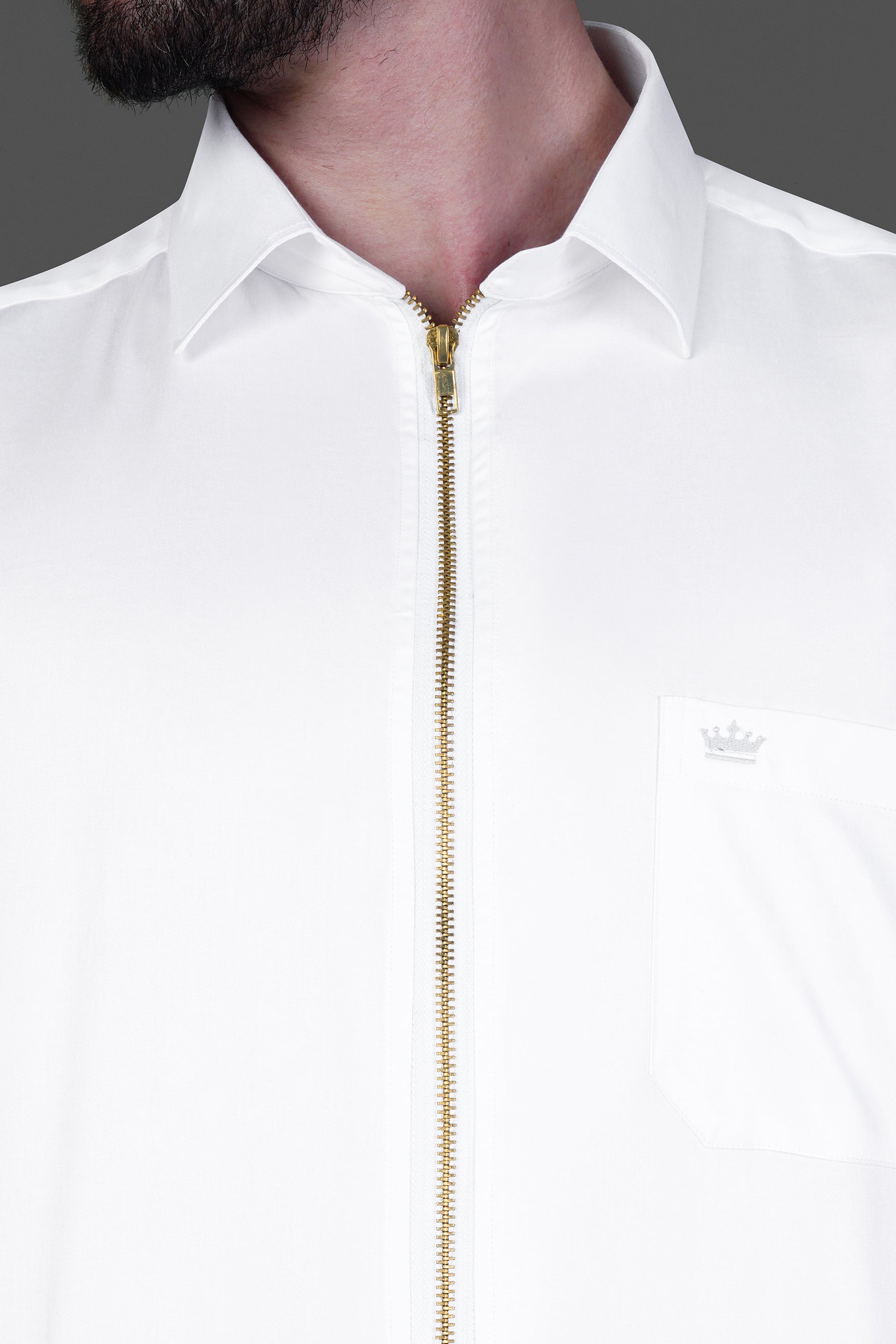 Bright White Subtle Sheen Zipper Closure Premium Cotton Shirt