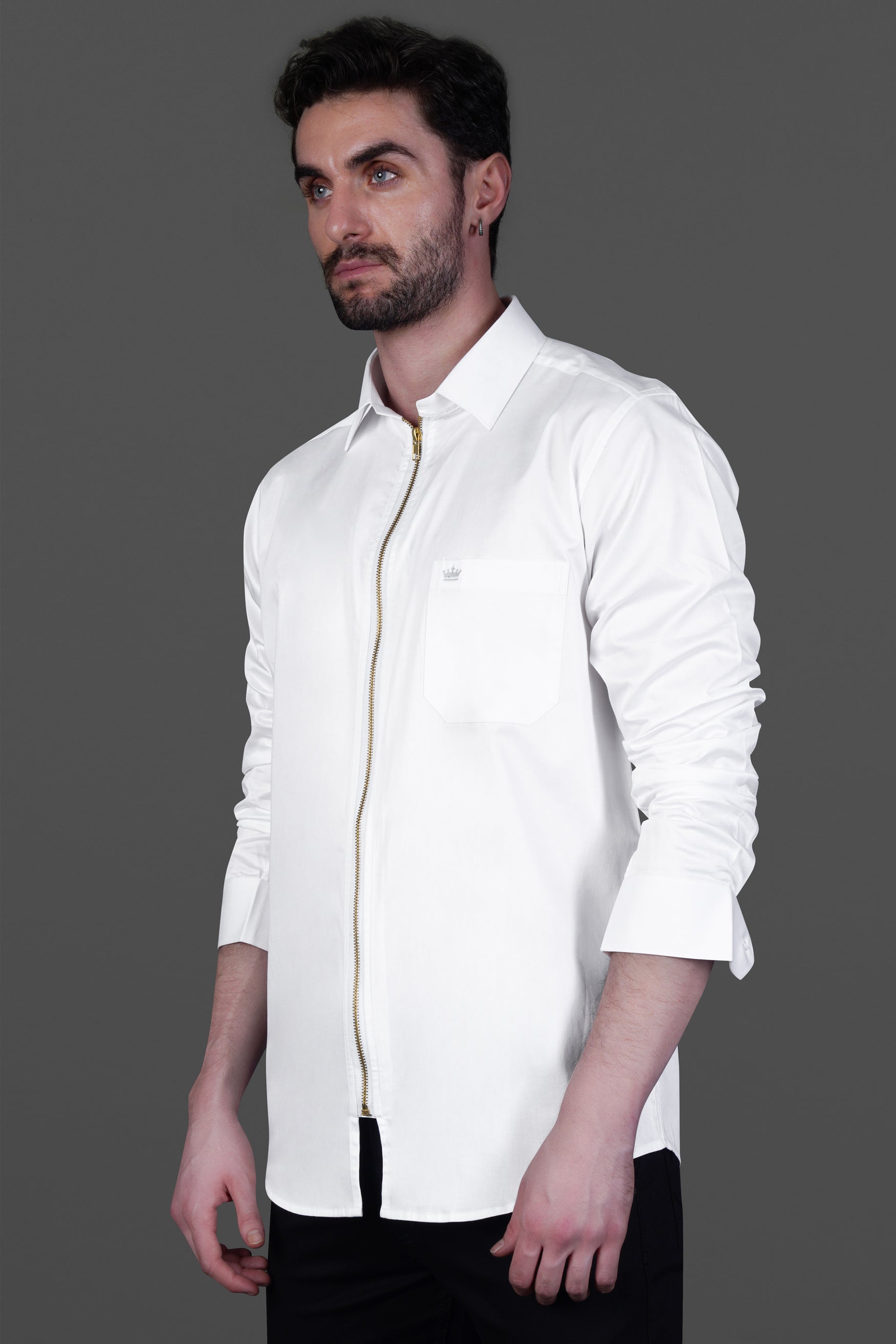 Bright White Subtle Sheen Zipper Closure Premium Cotton Shirt