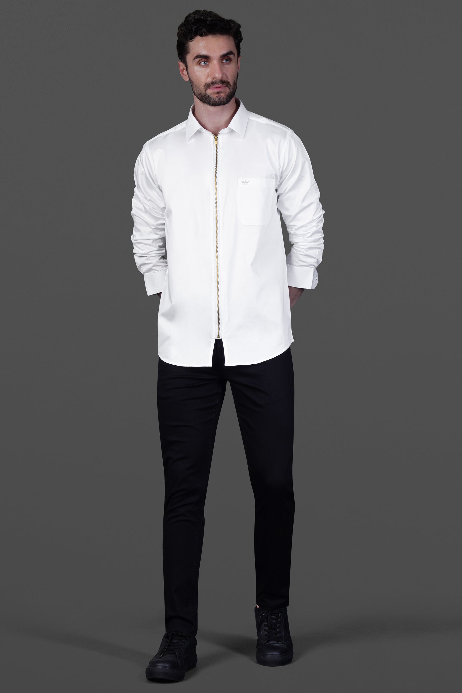 Bright White Subtle Sheen Zipper Closure Premium Cotton Shirt