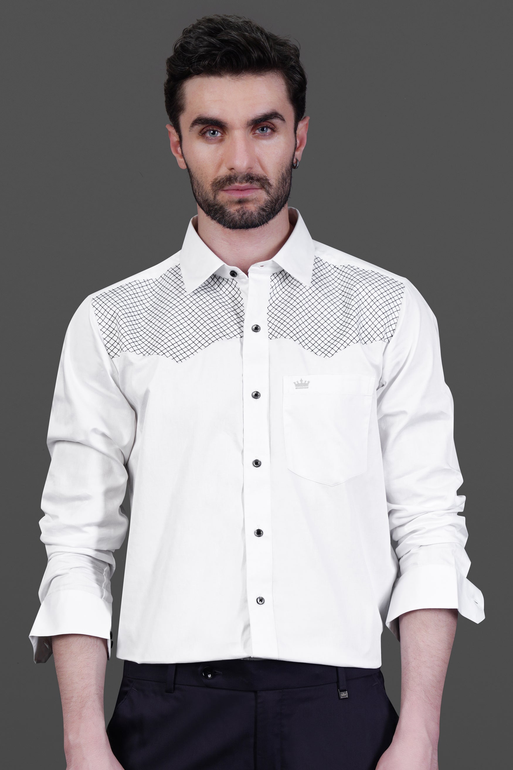 Bright white with Black Subtle Sheen thread art Premium Cotton Shirt