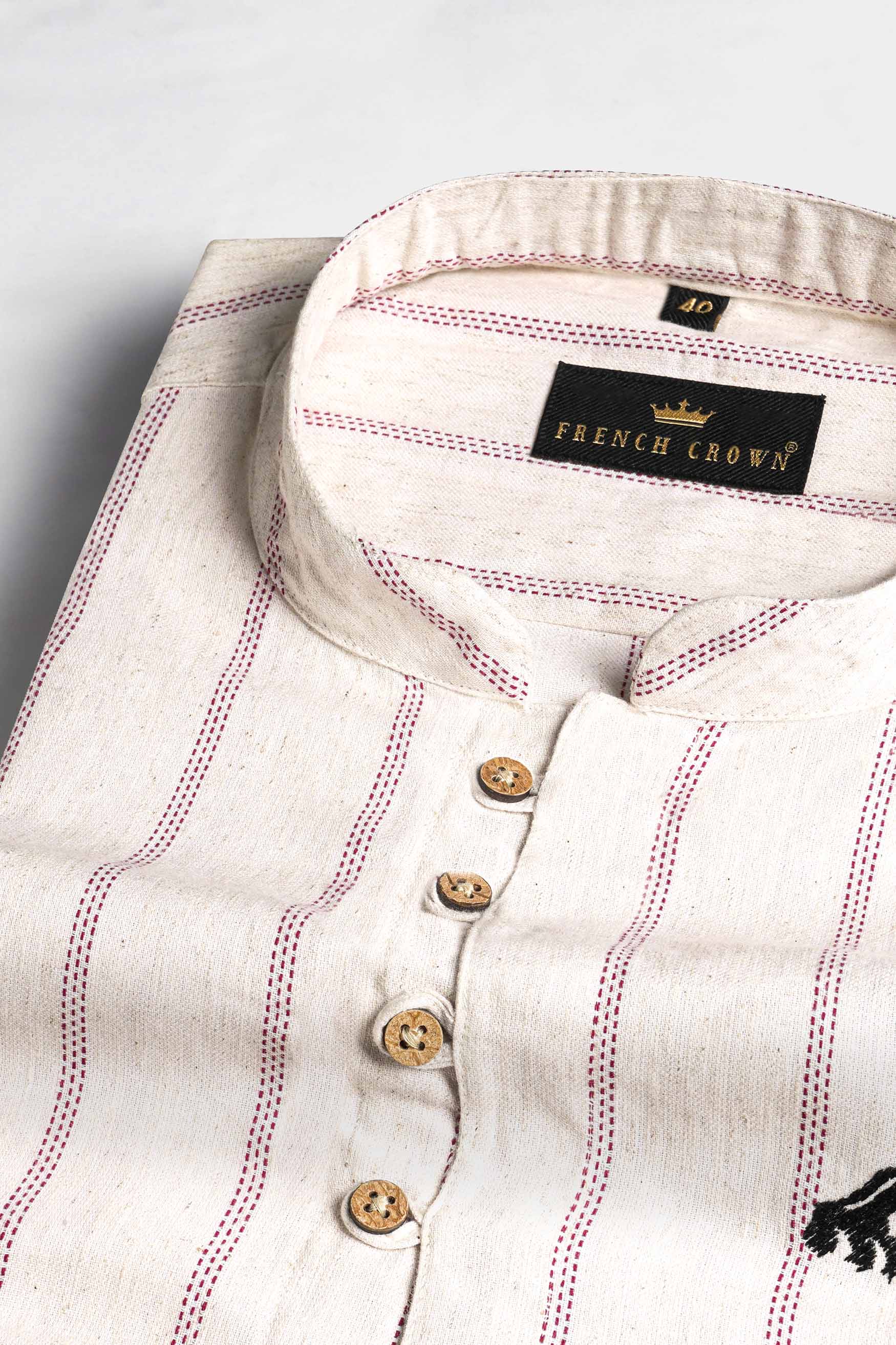 Parchment Beige with Cerise Red Striped Funky Embroidered Luxurious Linen Kurta Shirt 5268-KS-E185-38, 5268-KS-E185-H-38, 5268-KS-E185-39, 5268-KS-E185-H-39, 5268-KS-E185-40, 5268-KS-E185-H-40, 5268-KS-E185-42, 5268-KS-E185-H-42, 5268-KS-E185-44, 5268-KS-E185-H-44, 5268-KS-E185-46, 5268-KS-E185-H-46, 5268-KS-E185-48, 5268-KS-E185-H-48, 5268-KS-E185-50, 5268-KS-E185-H-50, 5268-KS-E185-52, 5268-KS-E185-H-52