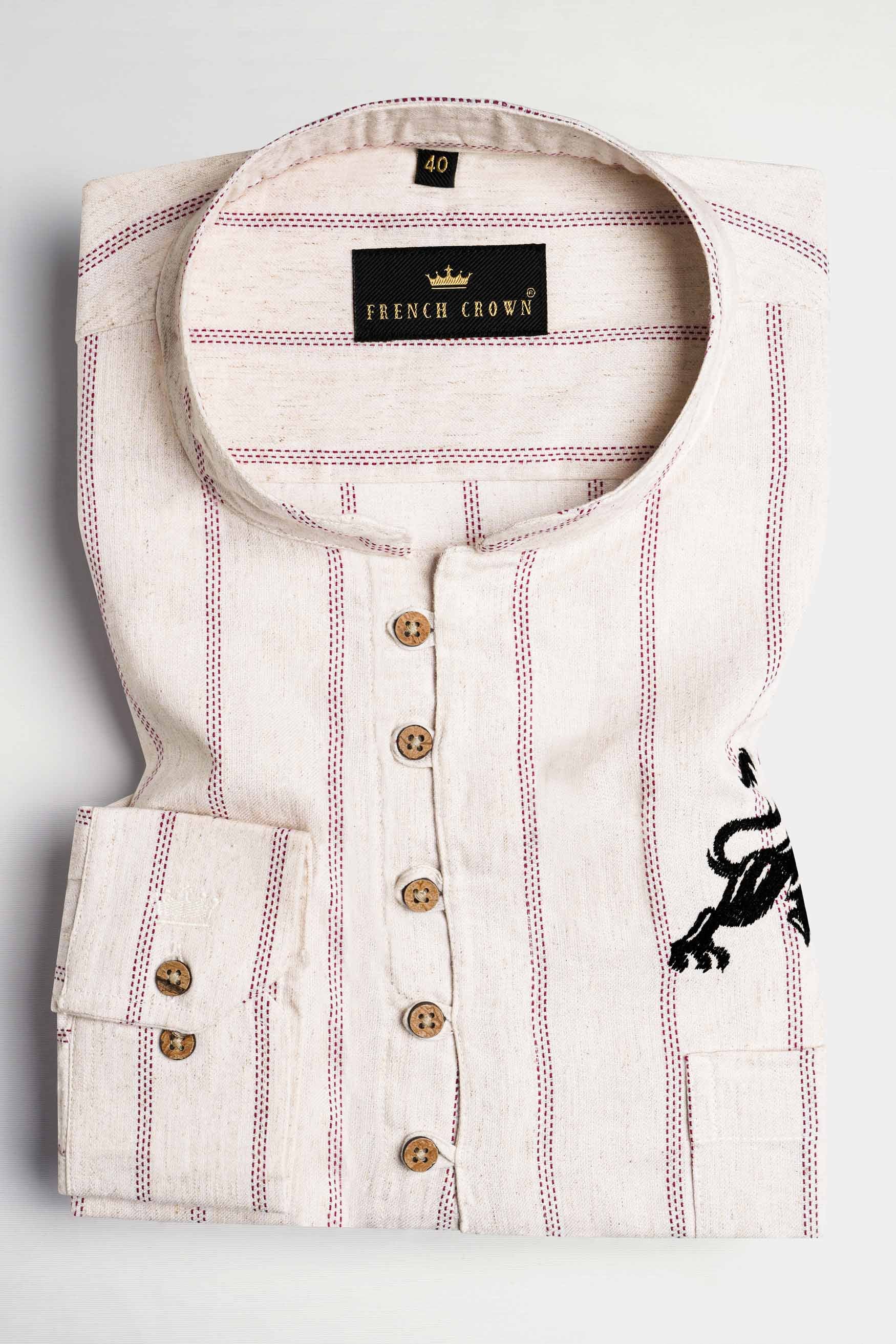 Parchment Beige with Cerise Red Striped Funky Embroidered Luxurious Linen Kurta Shirt 5268-KS-E185-38, 5268-KS-E185-H-38, 5268-KS-E185-39, 5268-KS-E185-H-39, 5268-KS-E185-40, 5268-KS-E185-H-40, 5268-KS-E185-42, 5268-KS-E185-H-42, 5268-KS-E185-44, 5268-KS-E185-H-44, 5268-KS-E185-46, 5268-KS-E185-H-46, 5268-KS-E185-48, 5268-KS-E185-H-48, 5268-KS-E185-50, 5268-KS-E185-H-50, 5268-KS-E185-52, 5268-KS-E185-H-52
