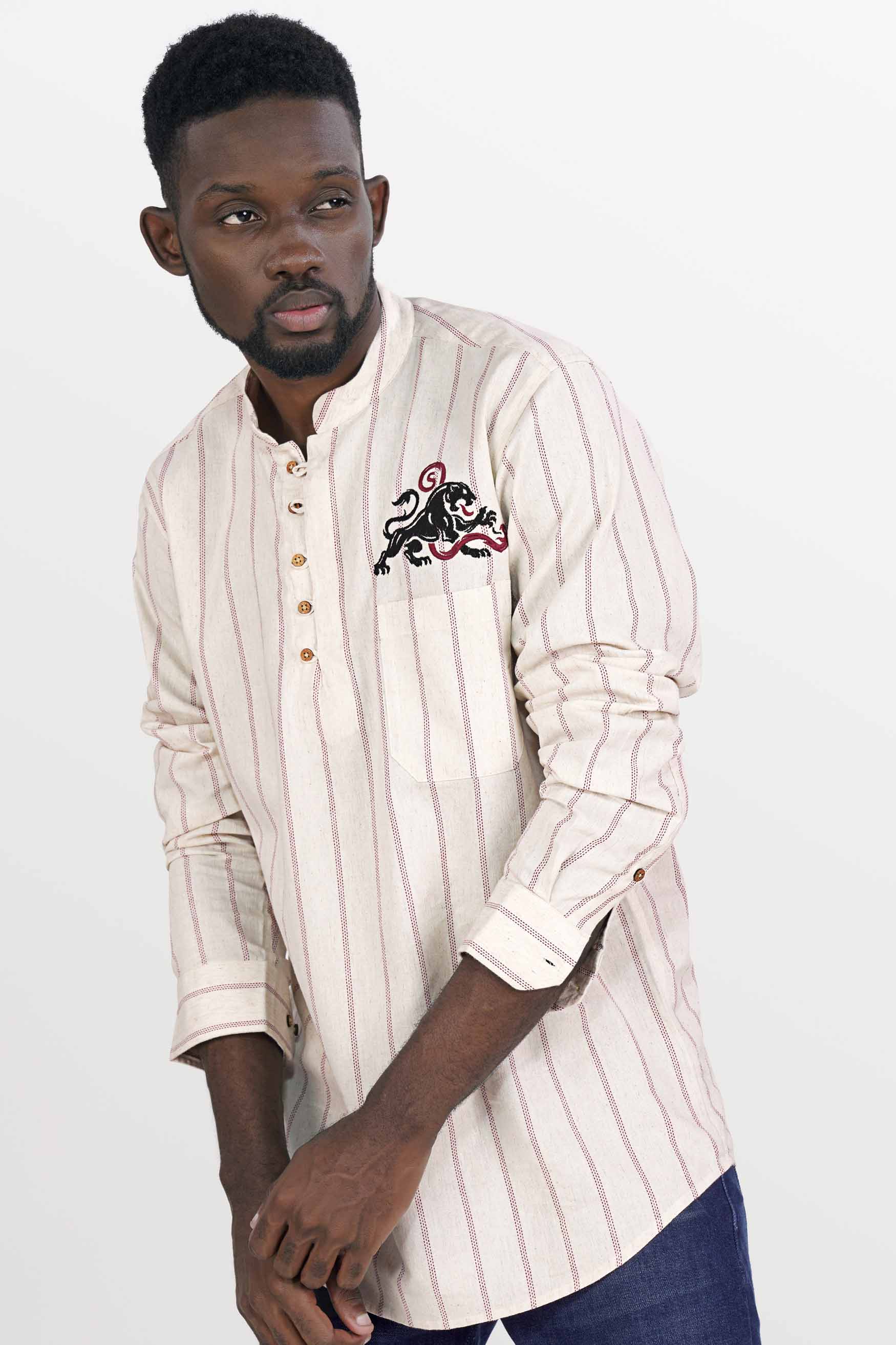 Parchment Beige with Cerise Red Striped Funky Embroidered Luxurious Linen Kurta Shirt 5268-KS-E185-38, 5268-KS-E185-H-38, 5268-KS-E185-39, 5268-KS-E185-H-39, 5268-KS-E185-40, 5268-KS-E185-H-40, 5268-KS-E185-42, 5268-KS-E185-H-42, 5268-KS-E185-44, 5268-KS-E185-H-44, 5268-KS-E185-46, 5268-KS-E185-H-46, 5268-KS-E185-48, 5268-KS-E185-H-48, 5268-KS-E185-50, 5268-KS-E185-H-50, 5268-KS-E185-52, 5268-KS-E185-H-52