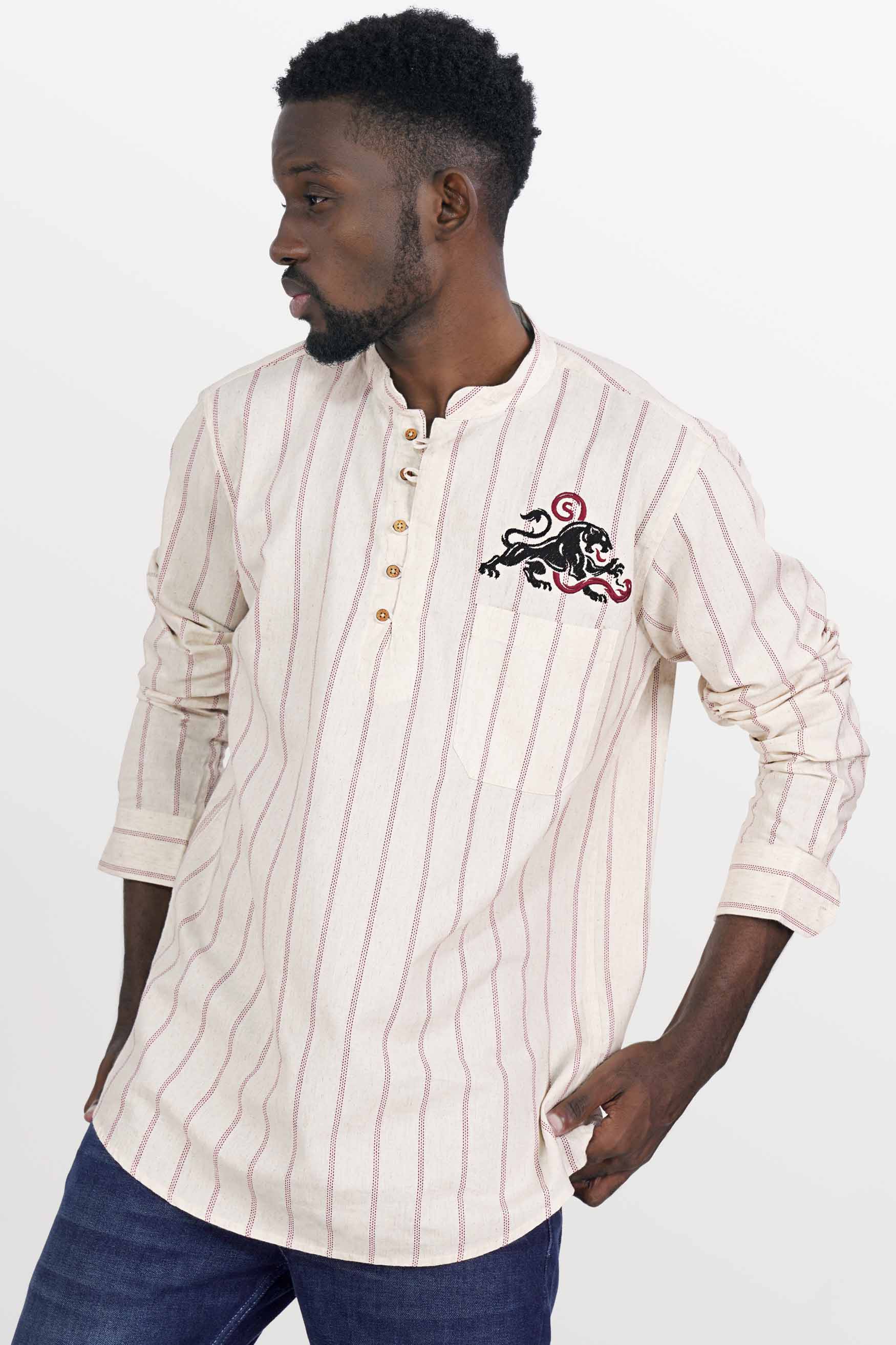 Parchment Beige with Cerise Red Striped Funky Embroidered Luxurious Linen Kurta Shirt 5268-KS-E185-38, 5268-KS-E185-H-38, 5268-KS-E185-39, 5268-KS-E185-H-39, 5268-KS-E185-40, 5268-KS-E185-H-40, 5268-KS-E185-42, 5268-KS-E185-H-42, 5268-KS-E185-44, 5268-KS-E185-H-44, 5268-KS-E185-46, 5268-KS-E185-H-46, 5268-KS-E185-48, 5268-KS-E185-H-48, 5268-KS-E185-50, 5268-KS-E185-H-50, 5268-KS-E185-52, 5268-KS-E185-H-52