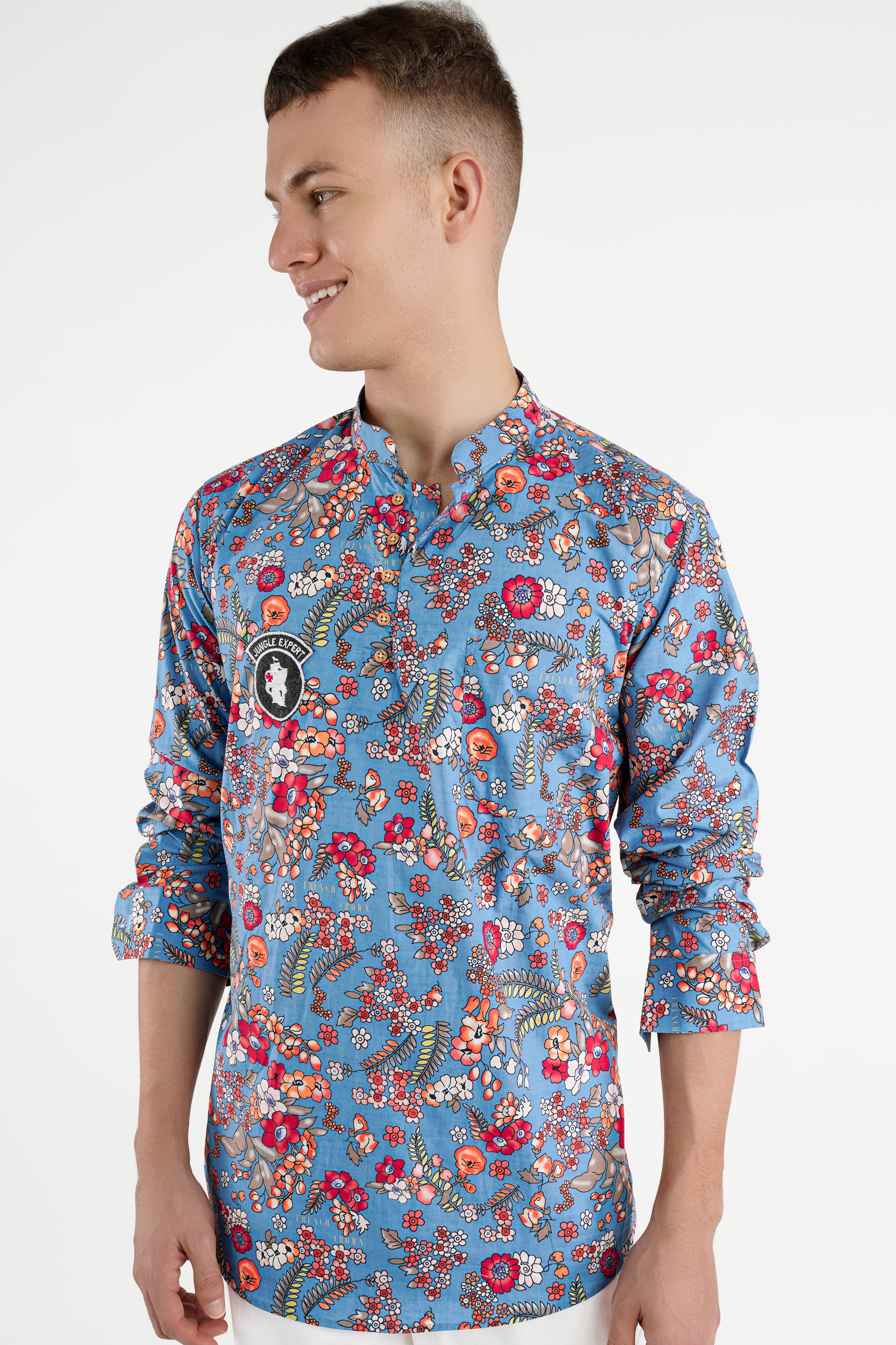 Shakespeare Blue Leaves Printed Patchwork Premium Cotton Designer Kurta Shirt