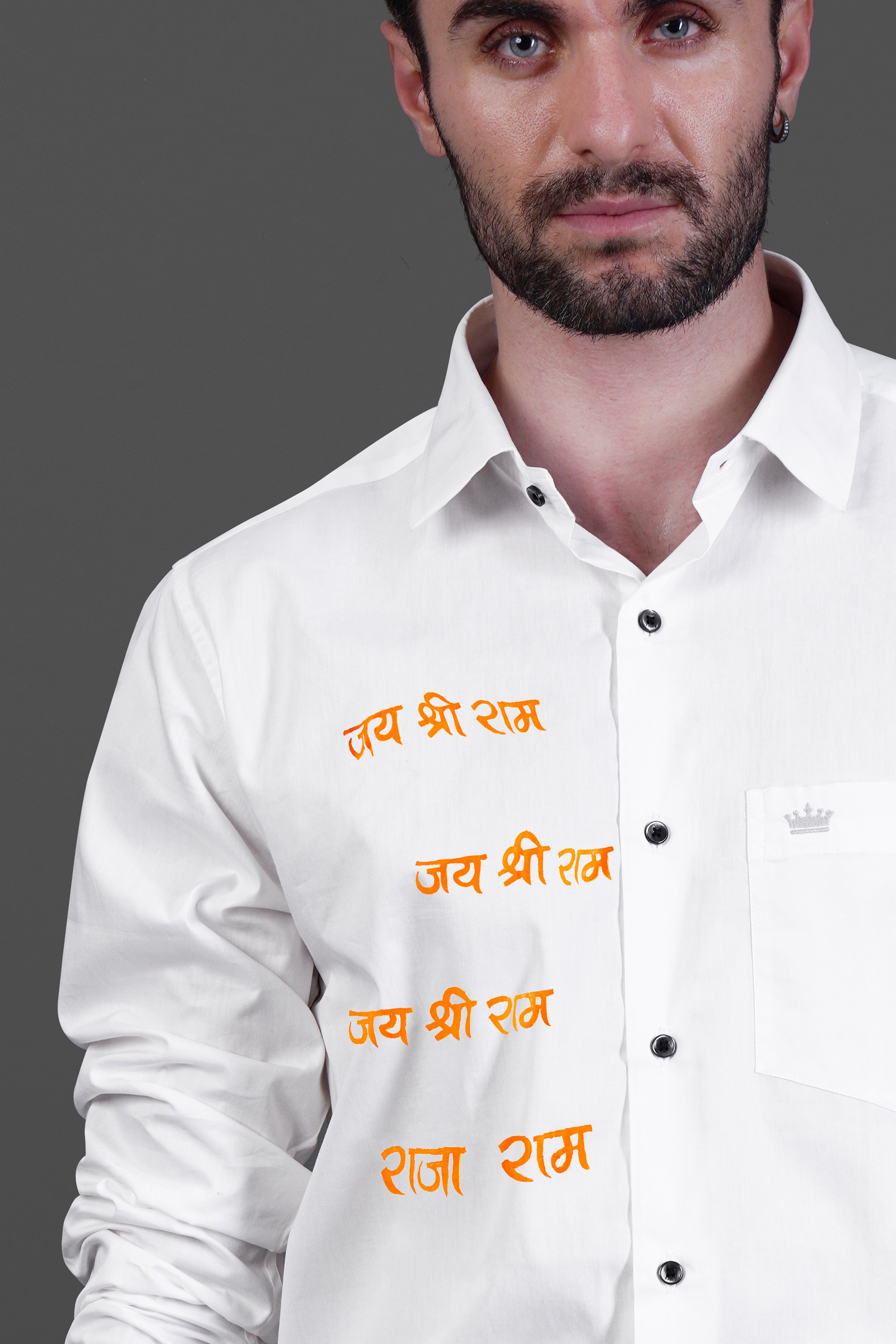 Bright White Jai Shree Ram Hand Painted Premium Cotton Designer Shirt