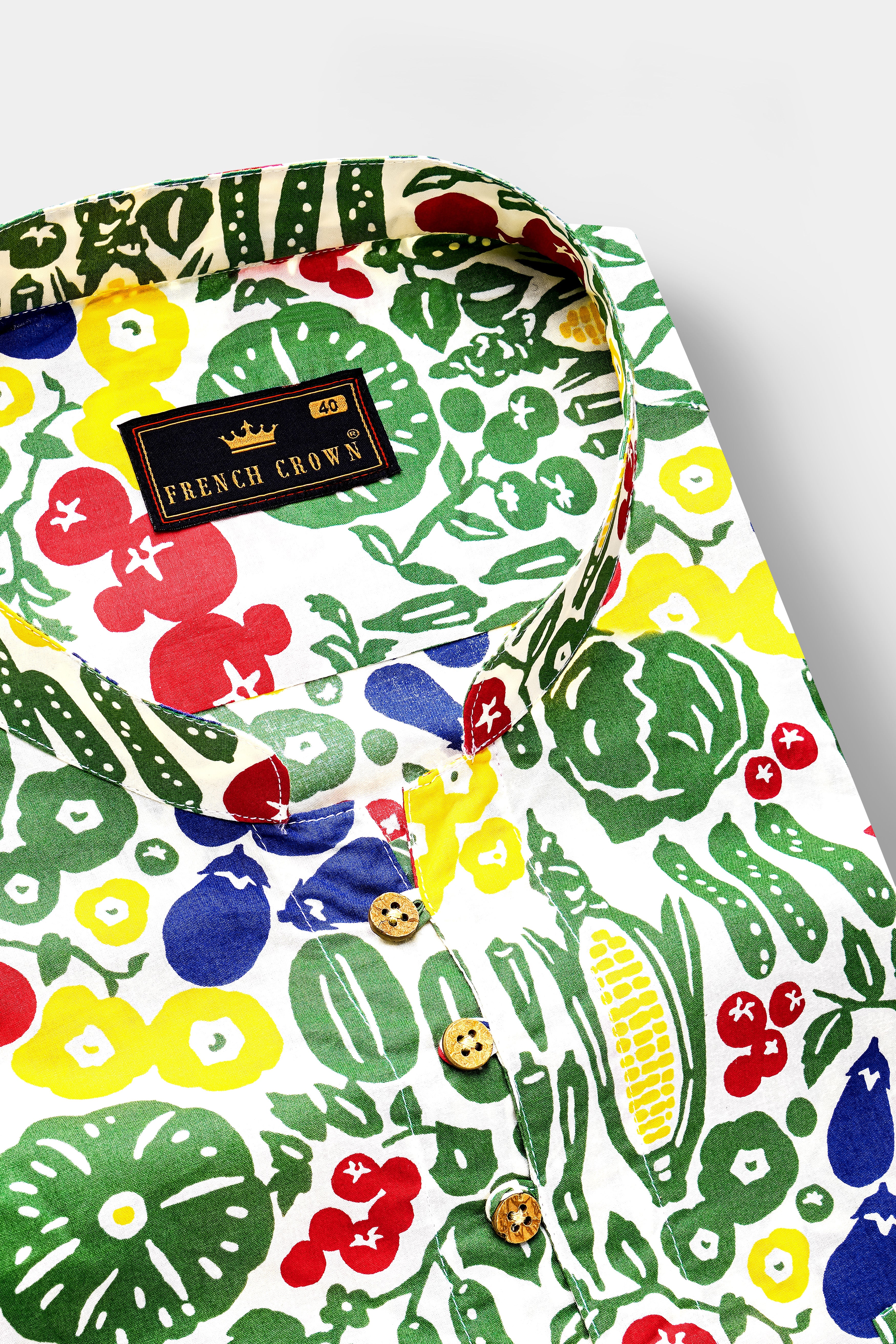 Bright White Vegetables Printed Premium Cotton Kurta Shirt