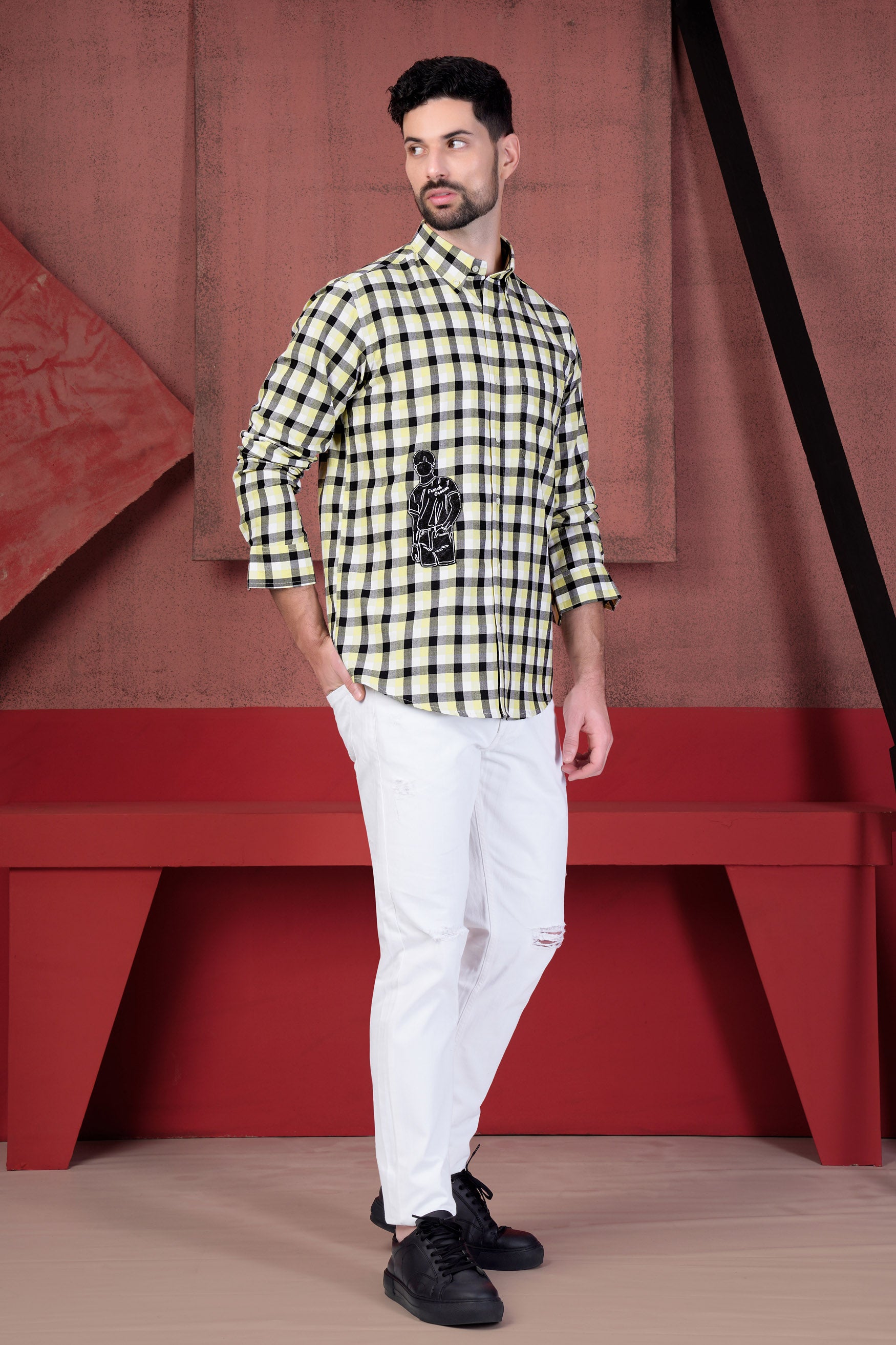 Jade Black and Astra Green Checkered with Cool Guy Patchwork Twill Premium Cotton Designer Shirt