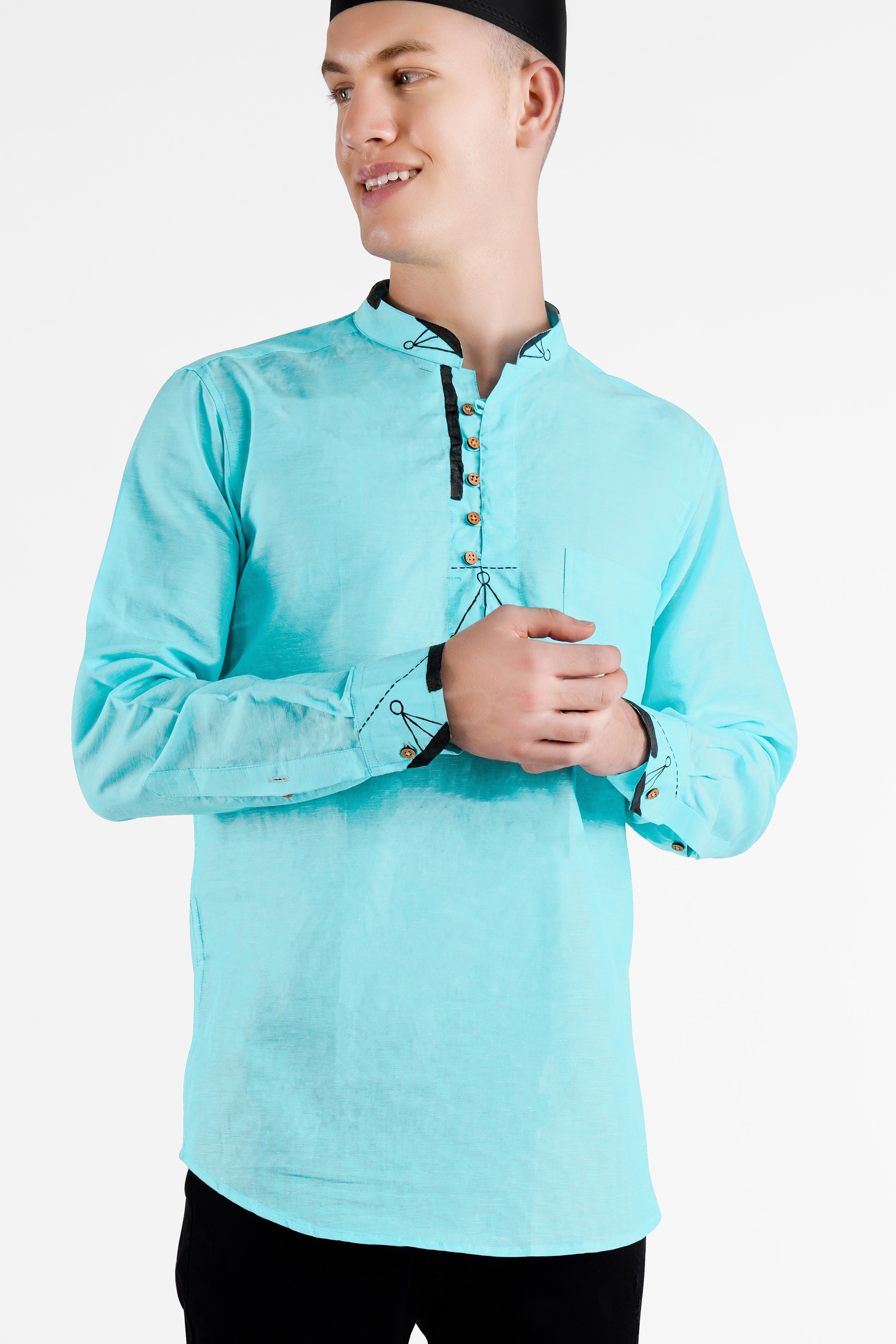 Blizzard Blue Hand Painted Luxurious Linen Kurta Shirt