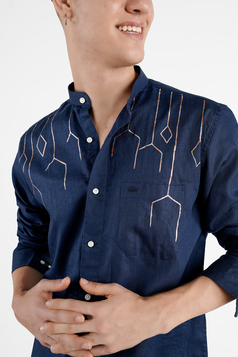 Bunting Blue Hand Painted Luxurious Linen Designer Shirt