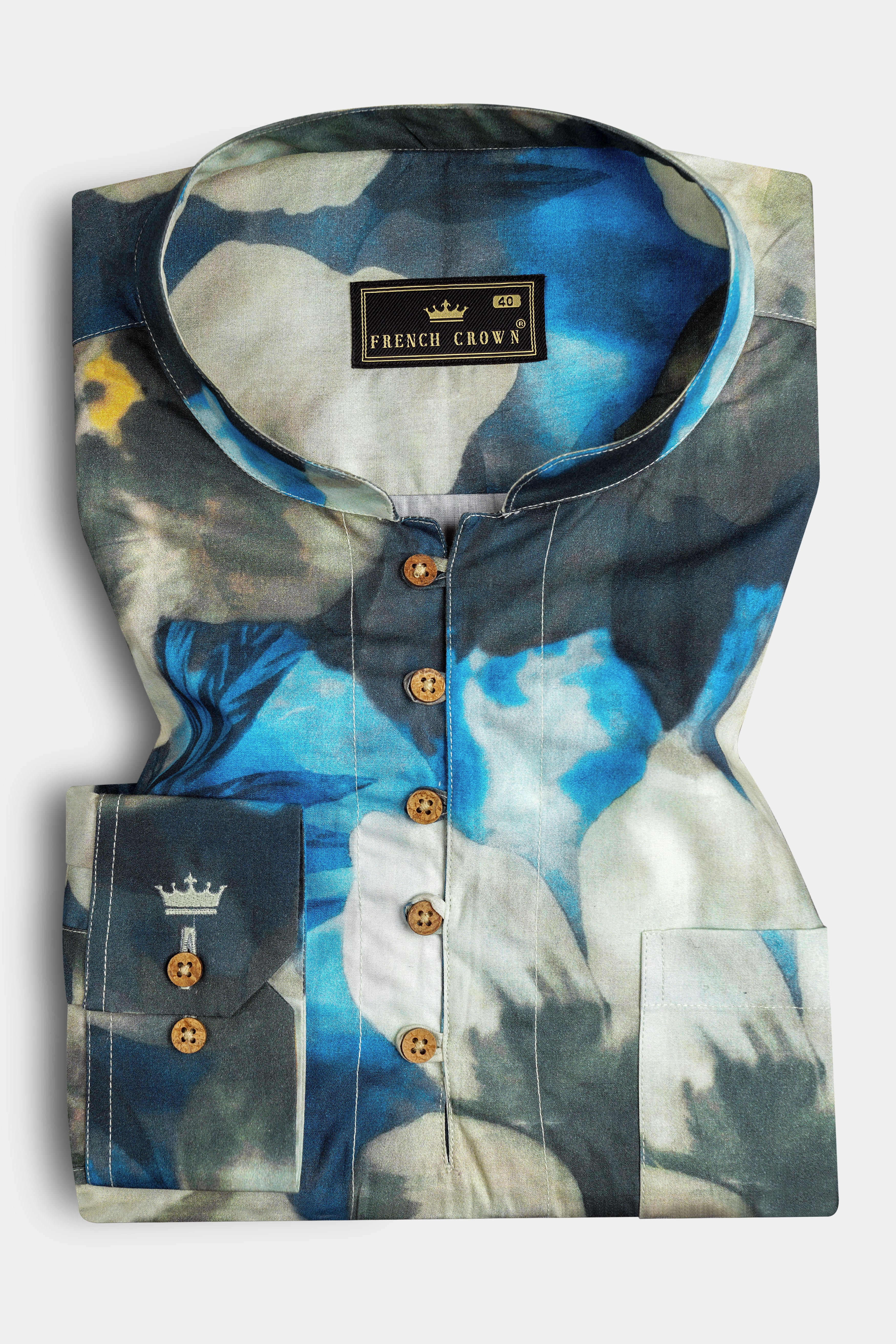 Mackerel Blue Floral Printed Premium Cotton Kurta Shirt
