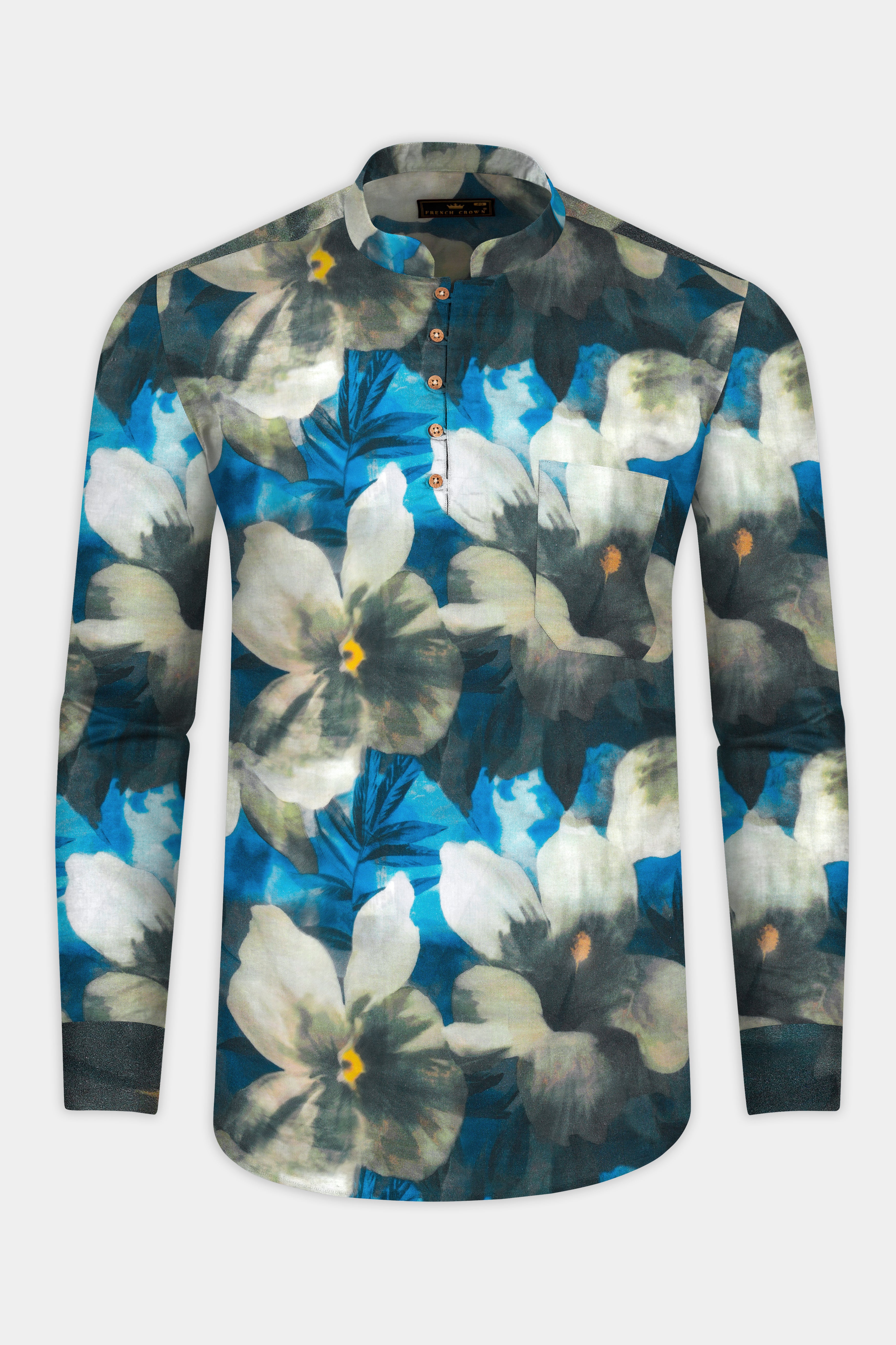 Mackerel Blue Floral Printed Premium Cotton Kurta Shirt