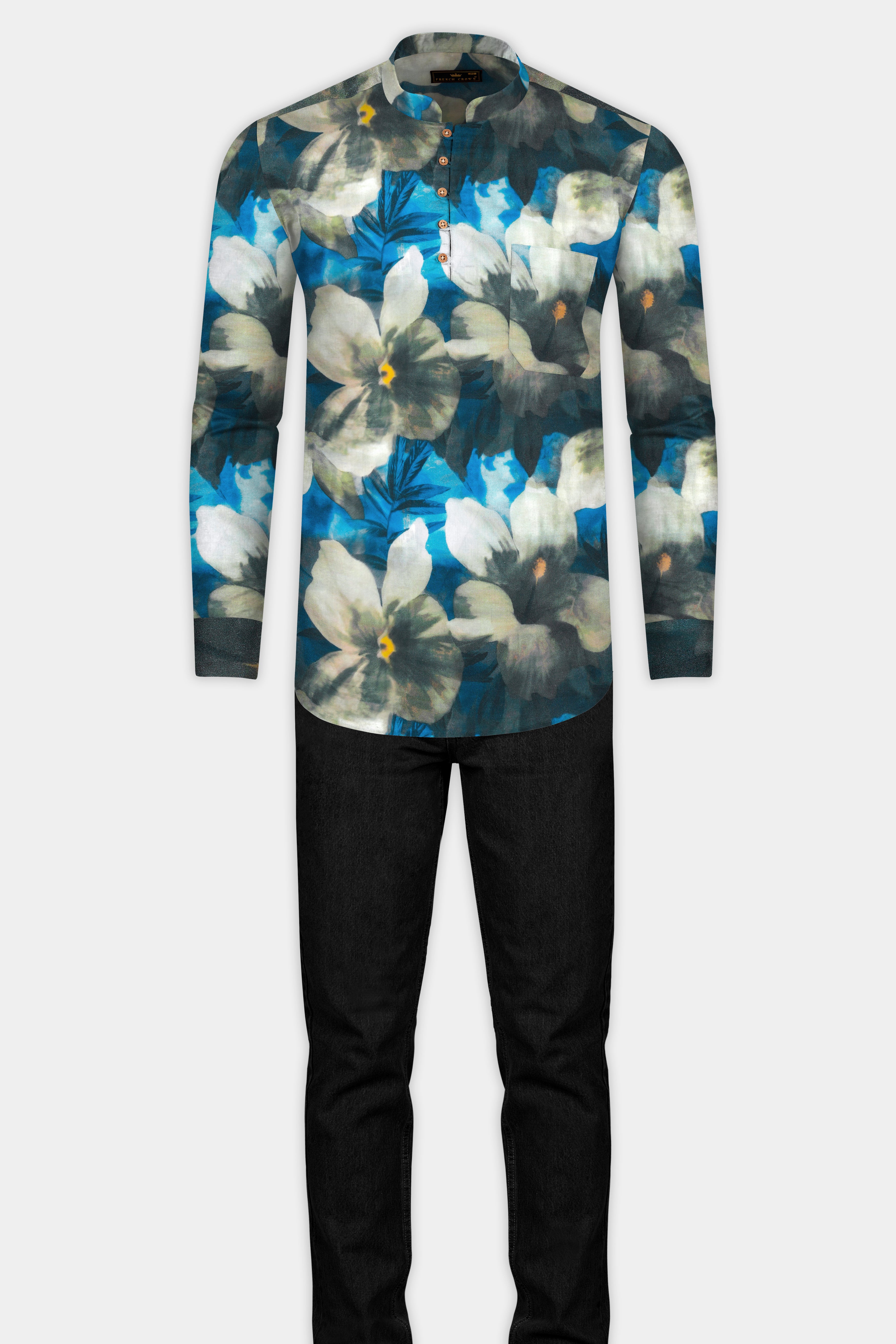 Mackerel Blue Floral Printed Premium Cotton Kurta Shirt