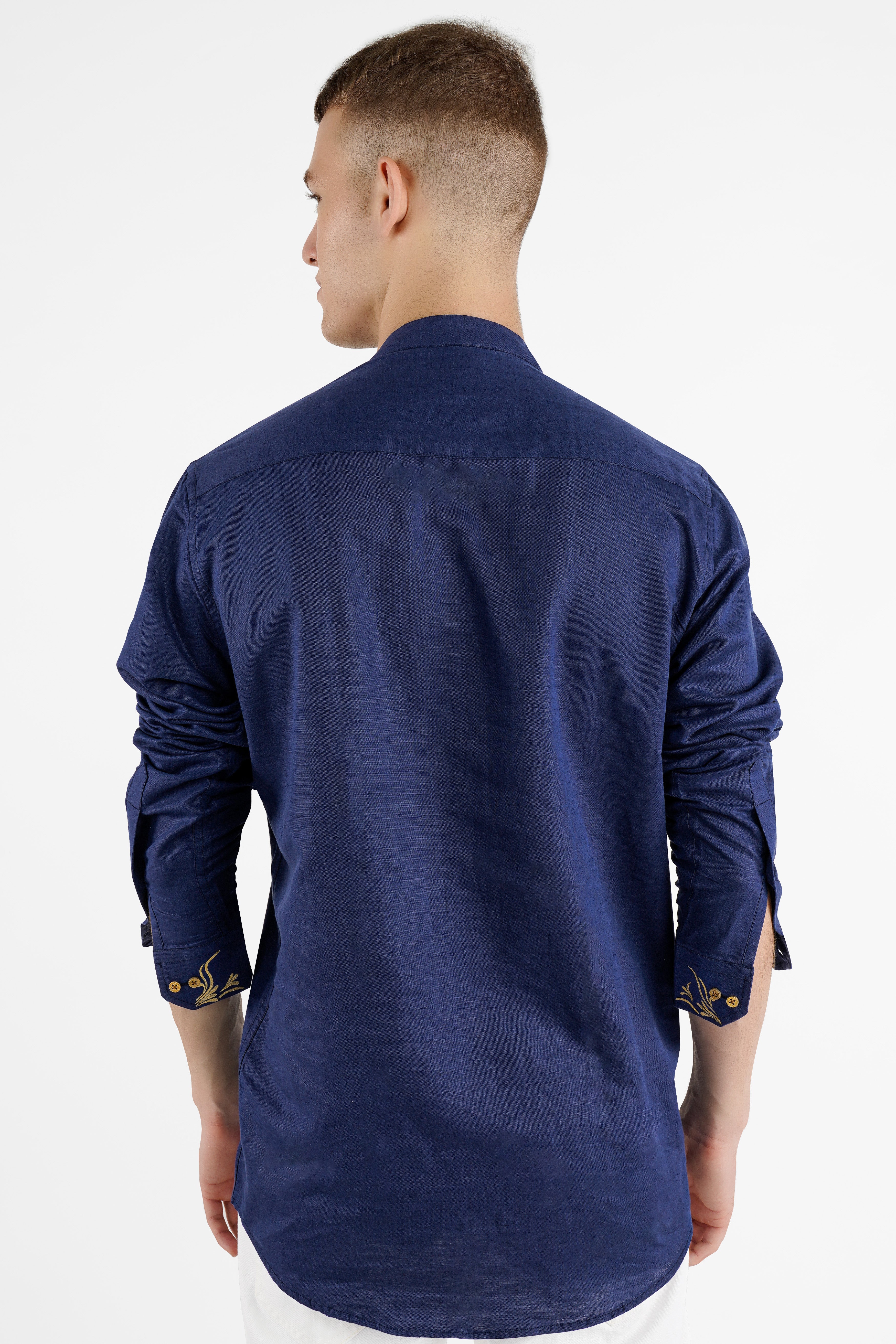 Rhino Blue Hand Painted Luxurious Linen Designer Kurta Shirt