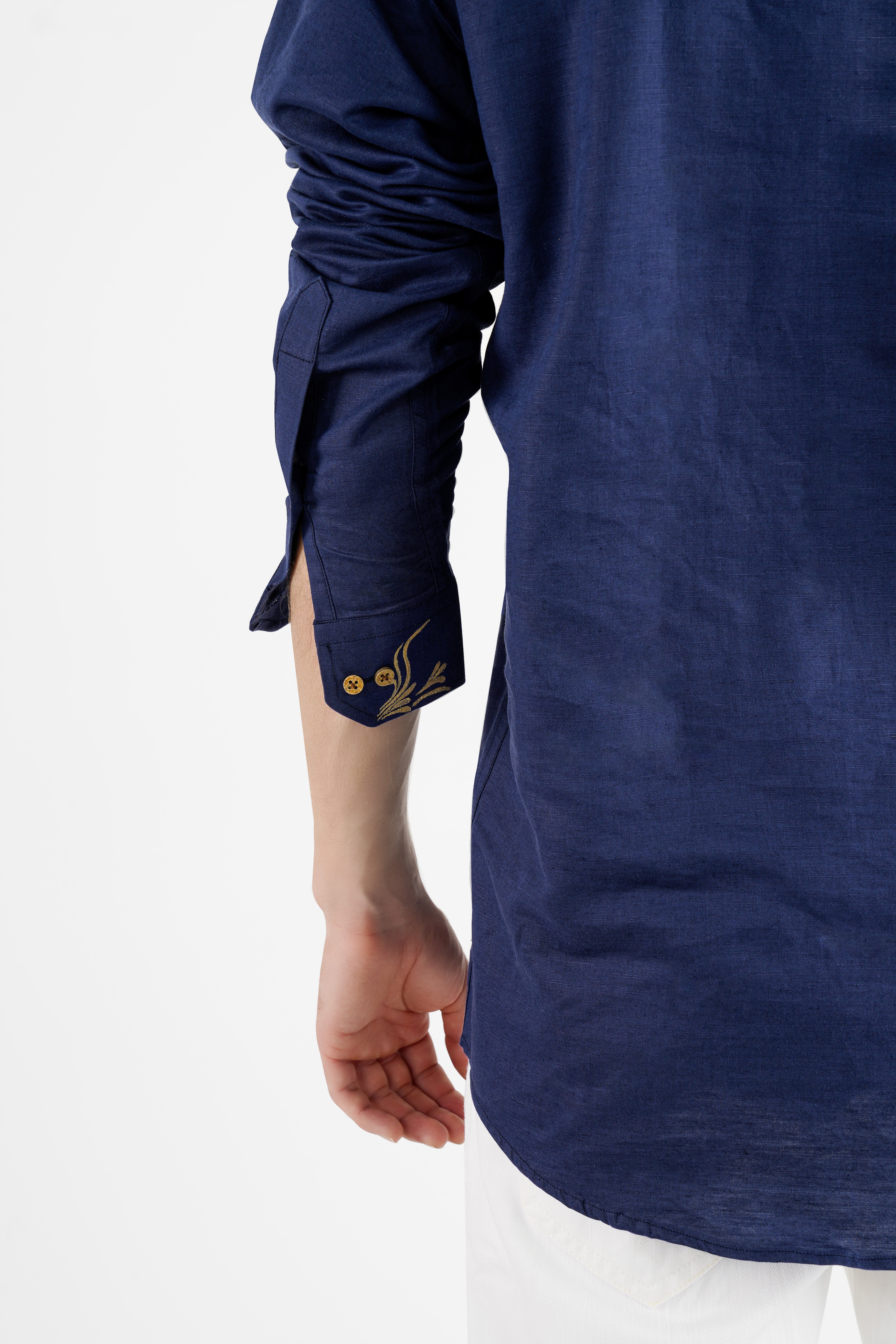 Rhino Blue Hand Painted Luxurious Linen Designer Kurta Shirt