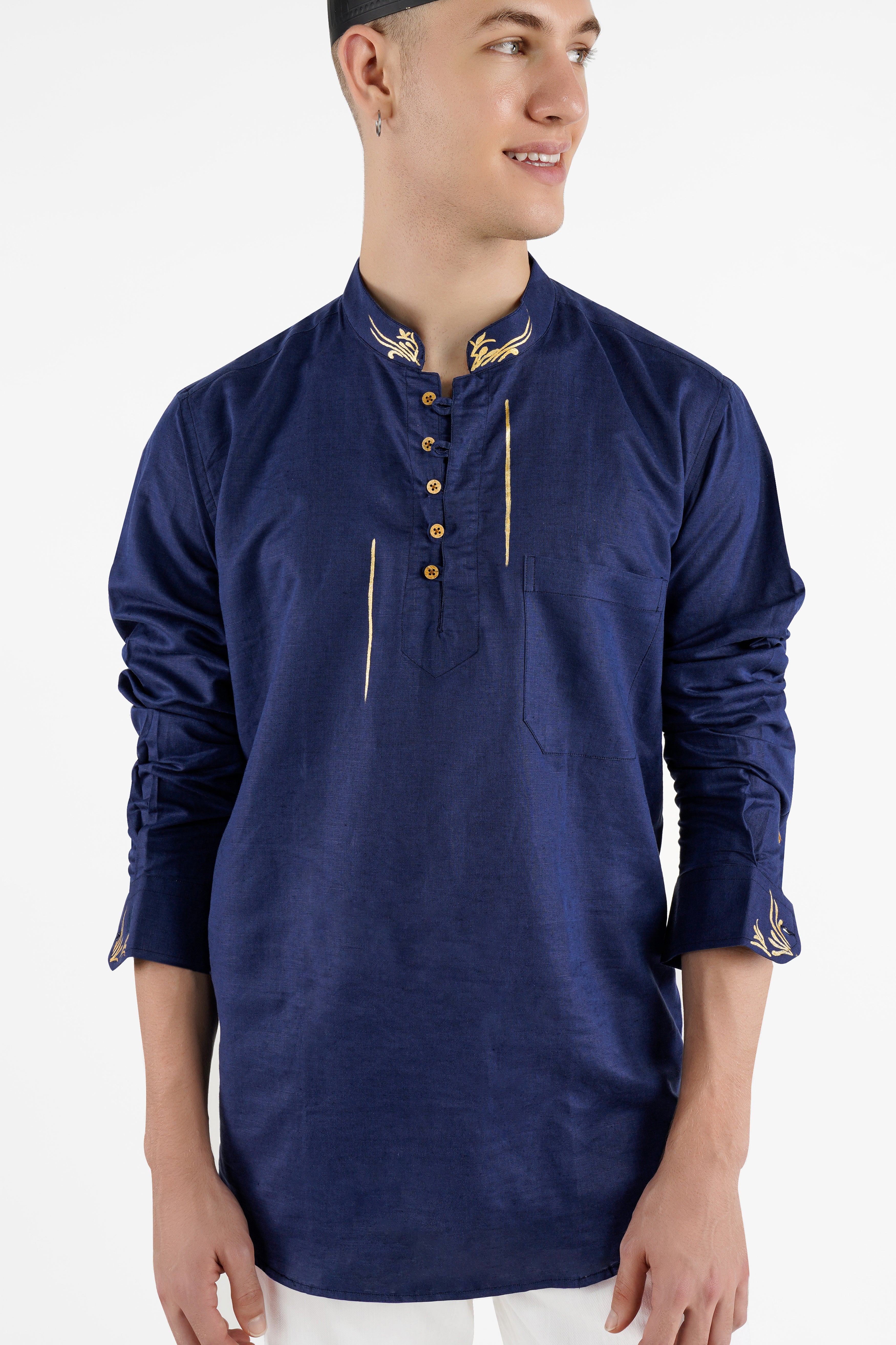 Rhino Blue Hand Painted Luxurious Linen Designer Kurta Shirt