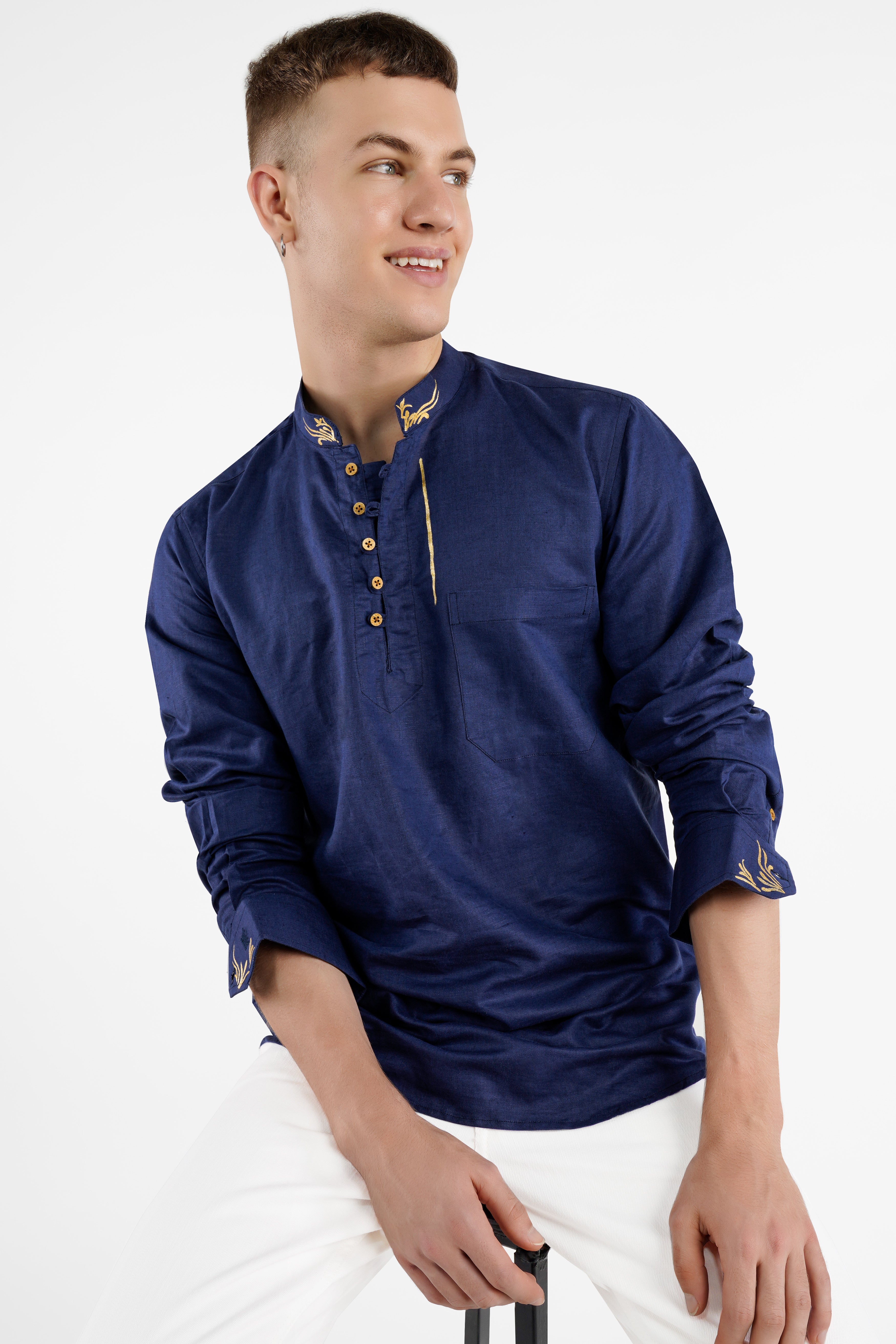 Rhino Blue Hand Painted Luxurious Linen Designer Kurta Shirt