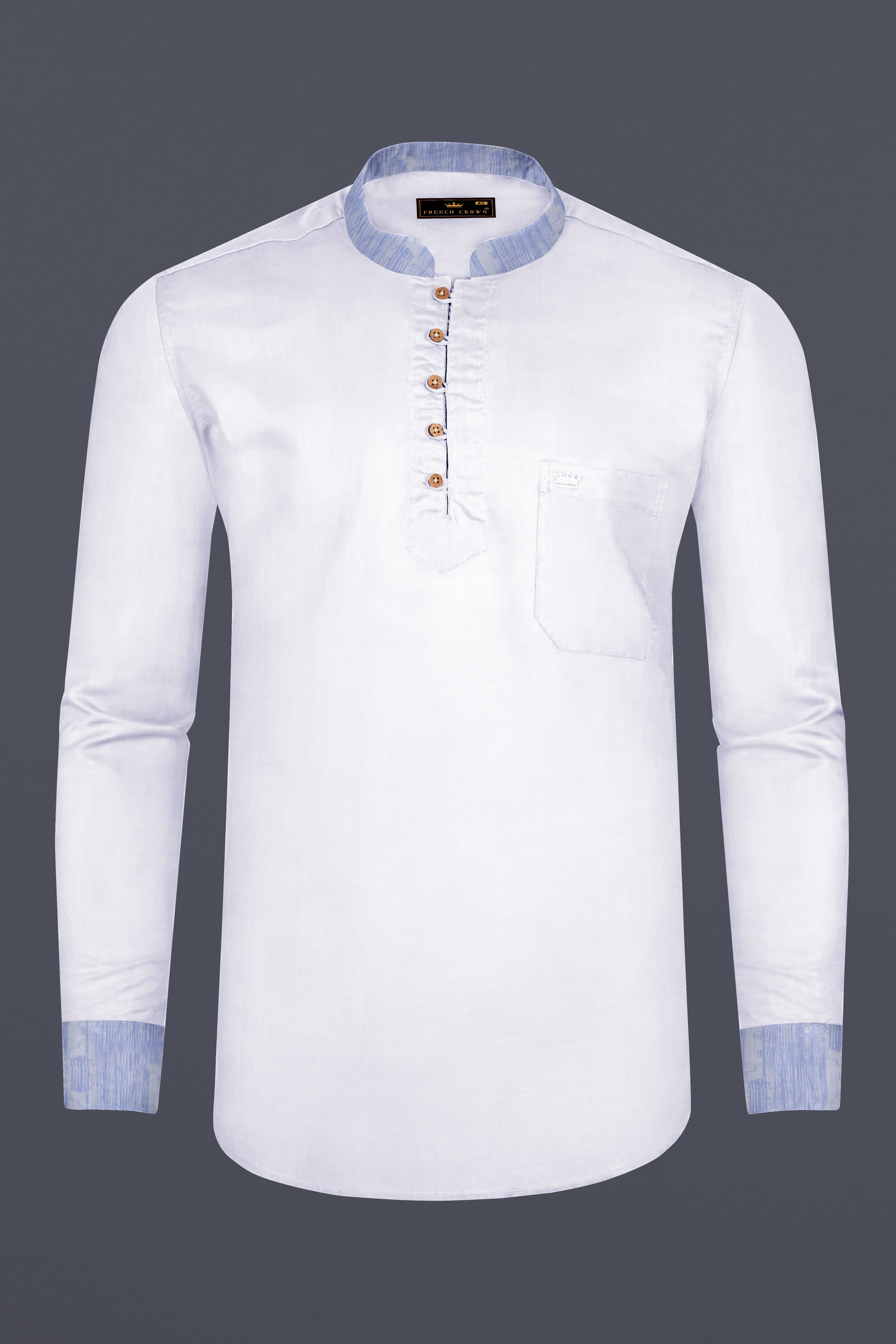 White with lilac cuff-collar Luxurious Linen Kurta Shirt