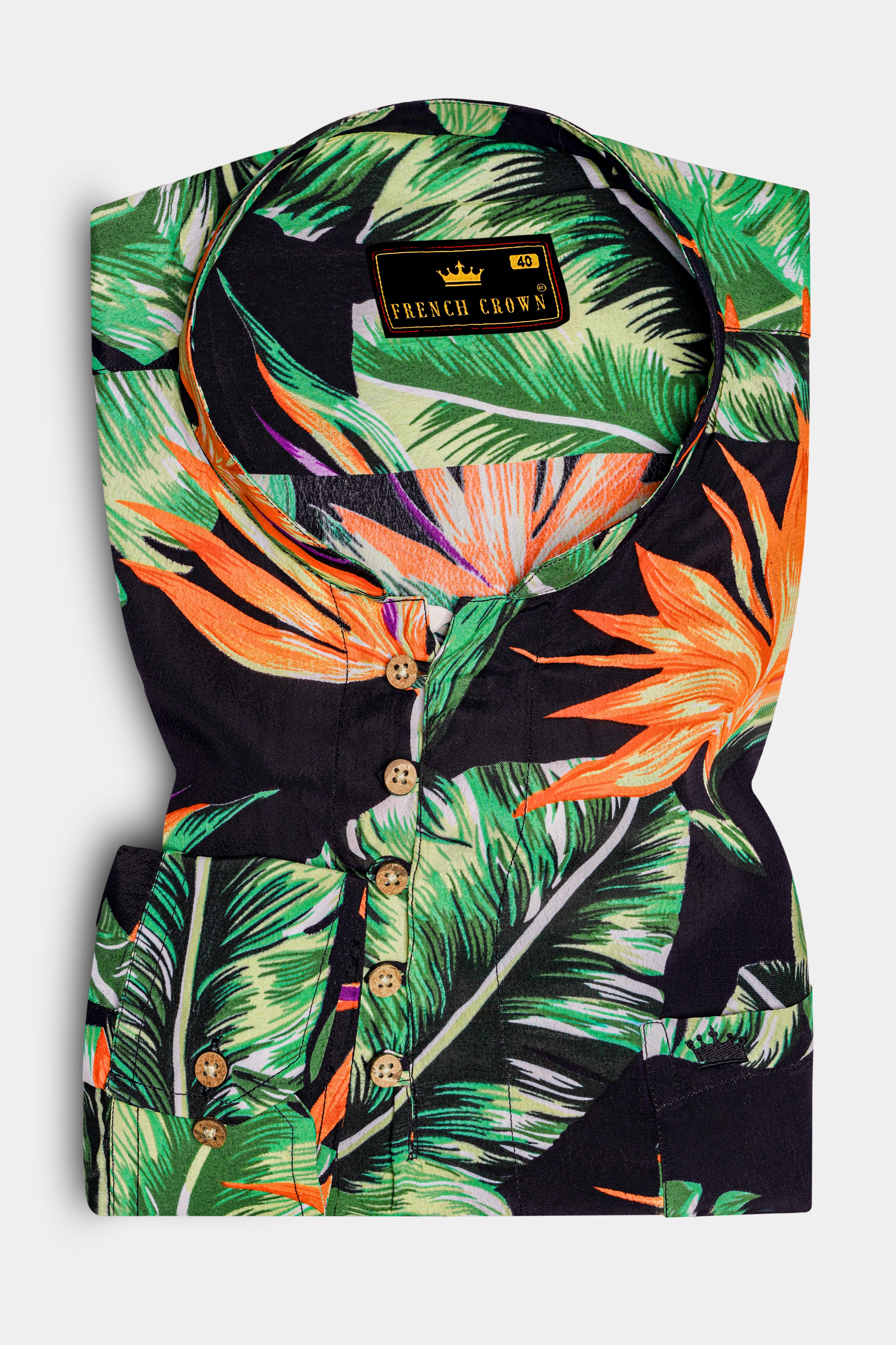 Jade Black Leaves Printed Premium Tencel Kurta Shirt