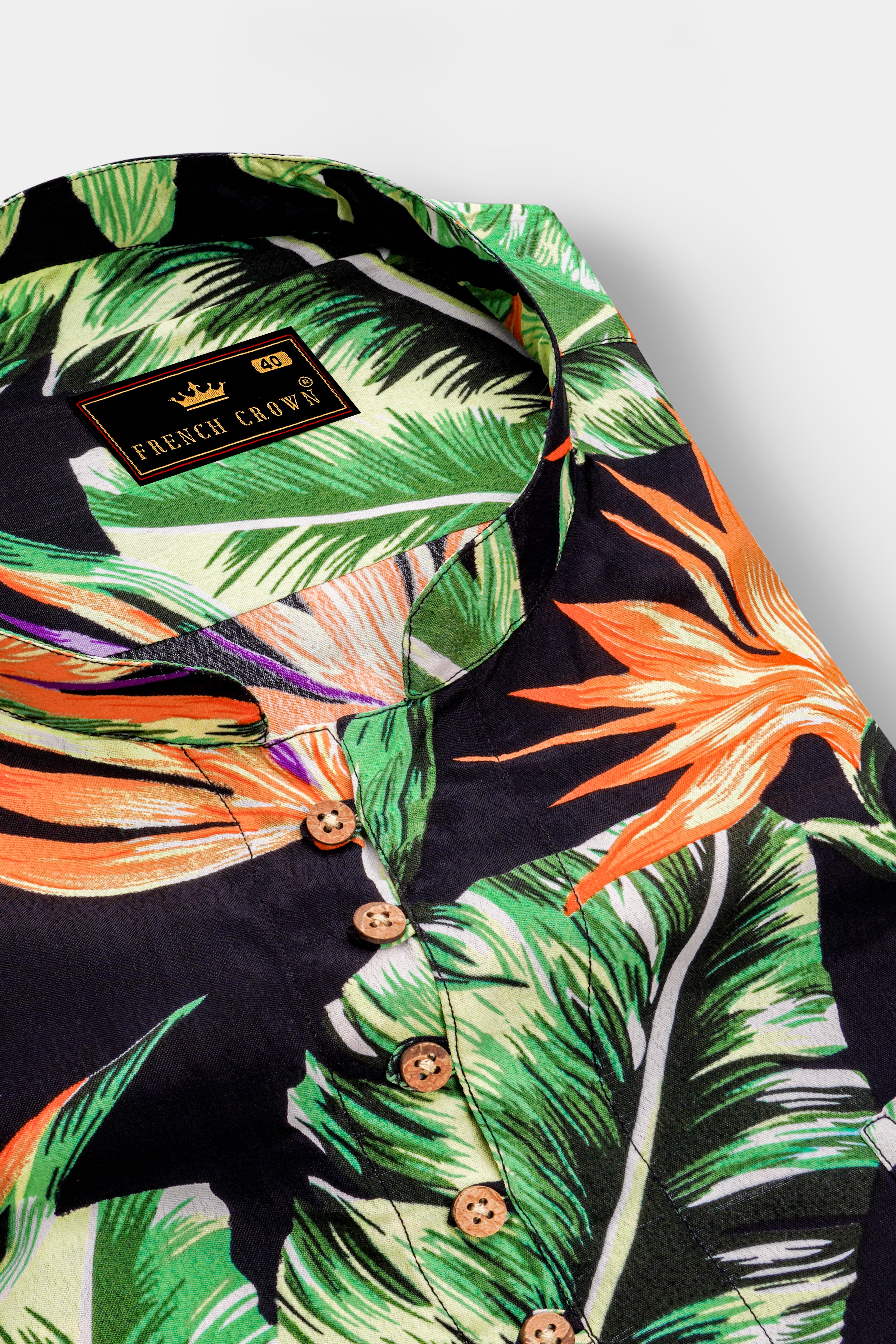 Jade Black Leaves Printed Premium Tencel Kurta Shirt