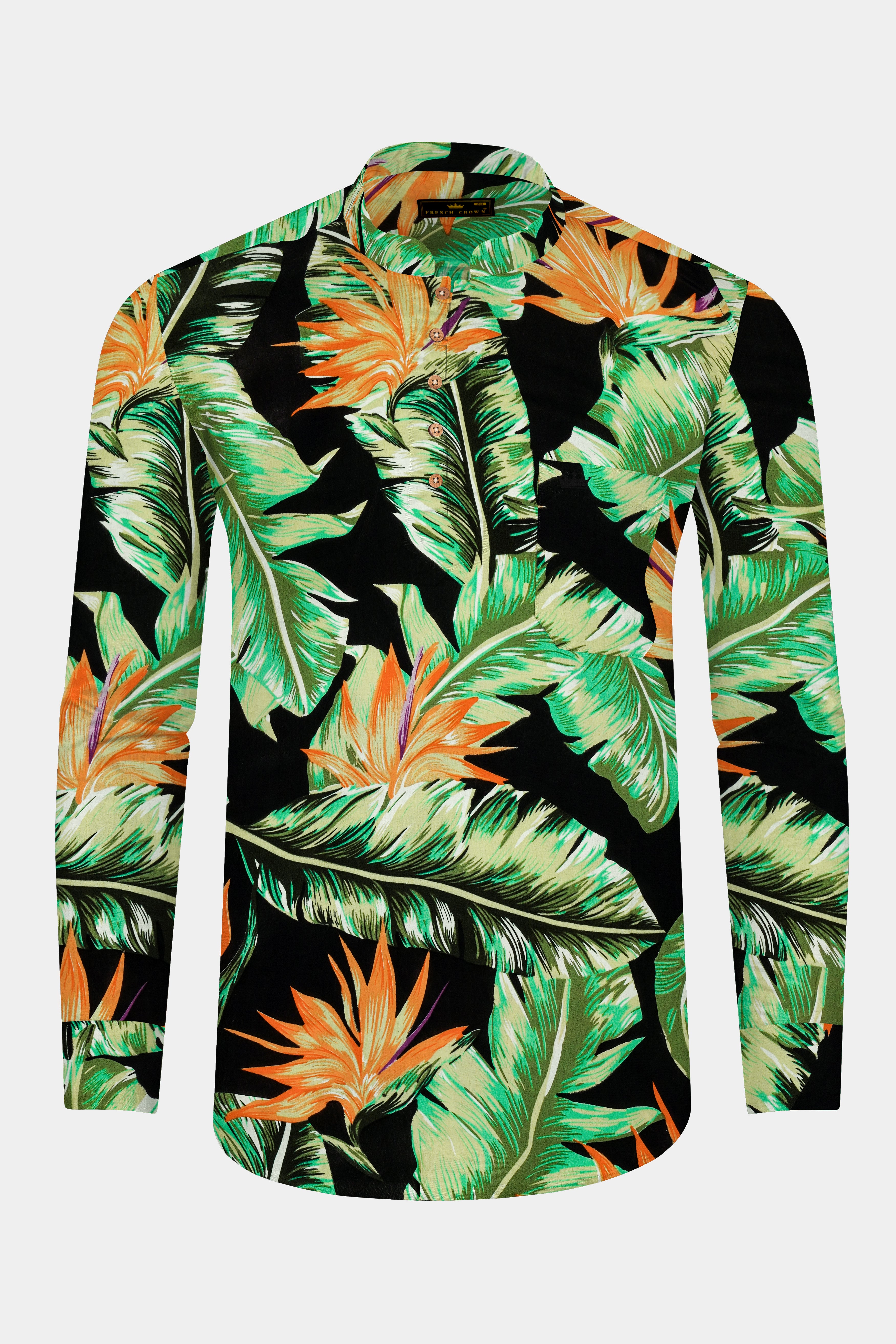 Jade Black Leaves Printed Premium Tencel Kurta Shirt