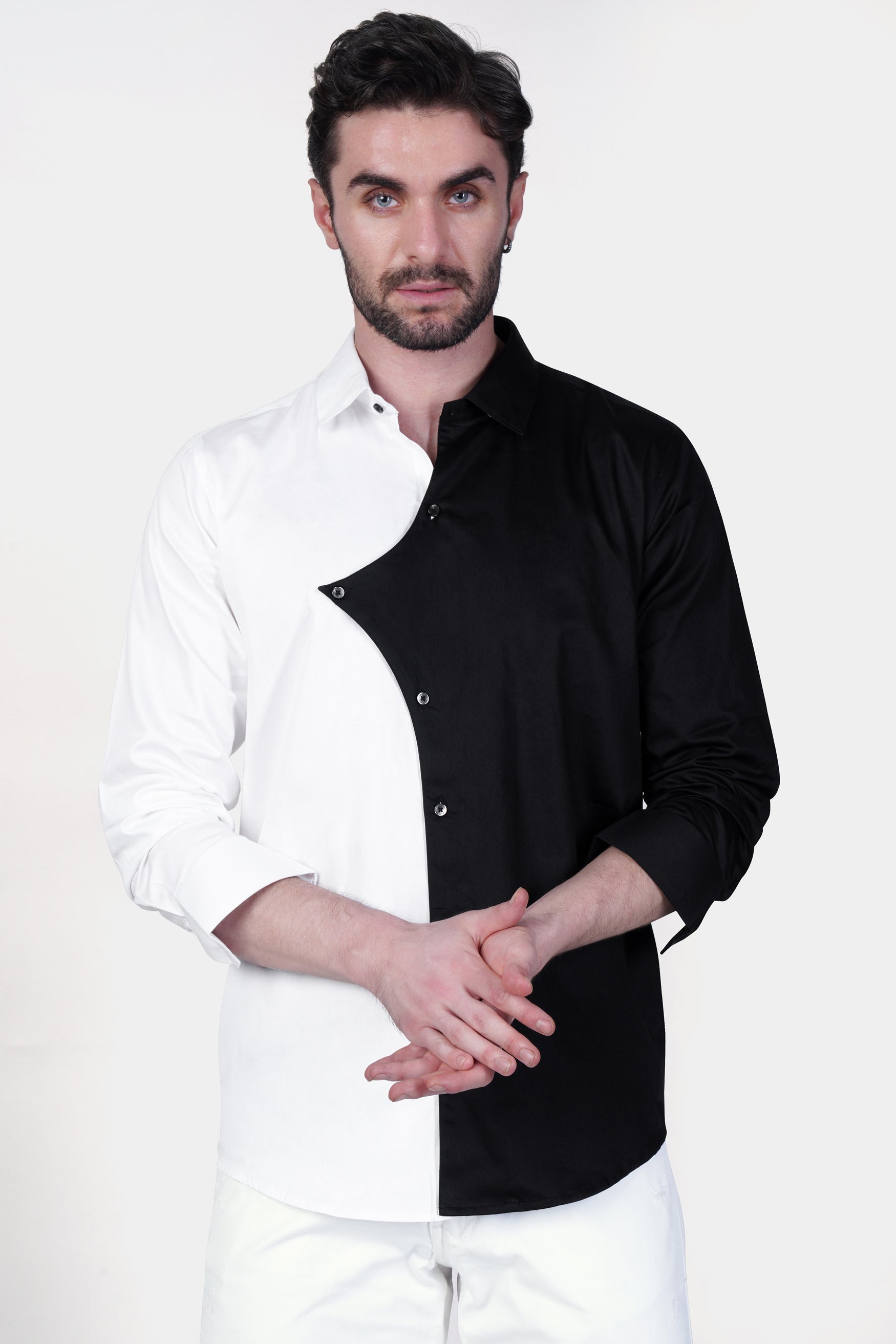 Half White and Half Black Casual Plain-Solid Premium Cotton Shirt