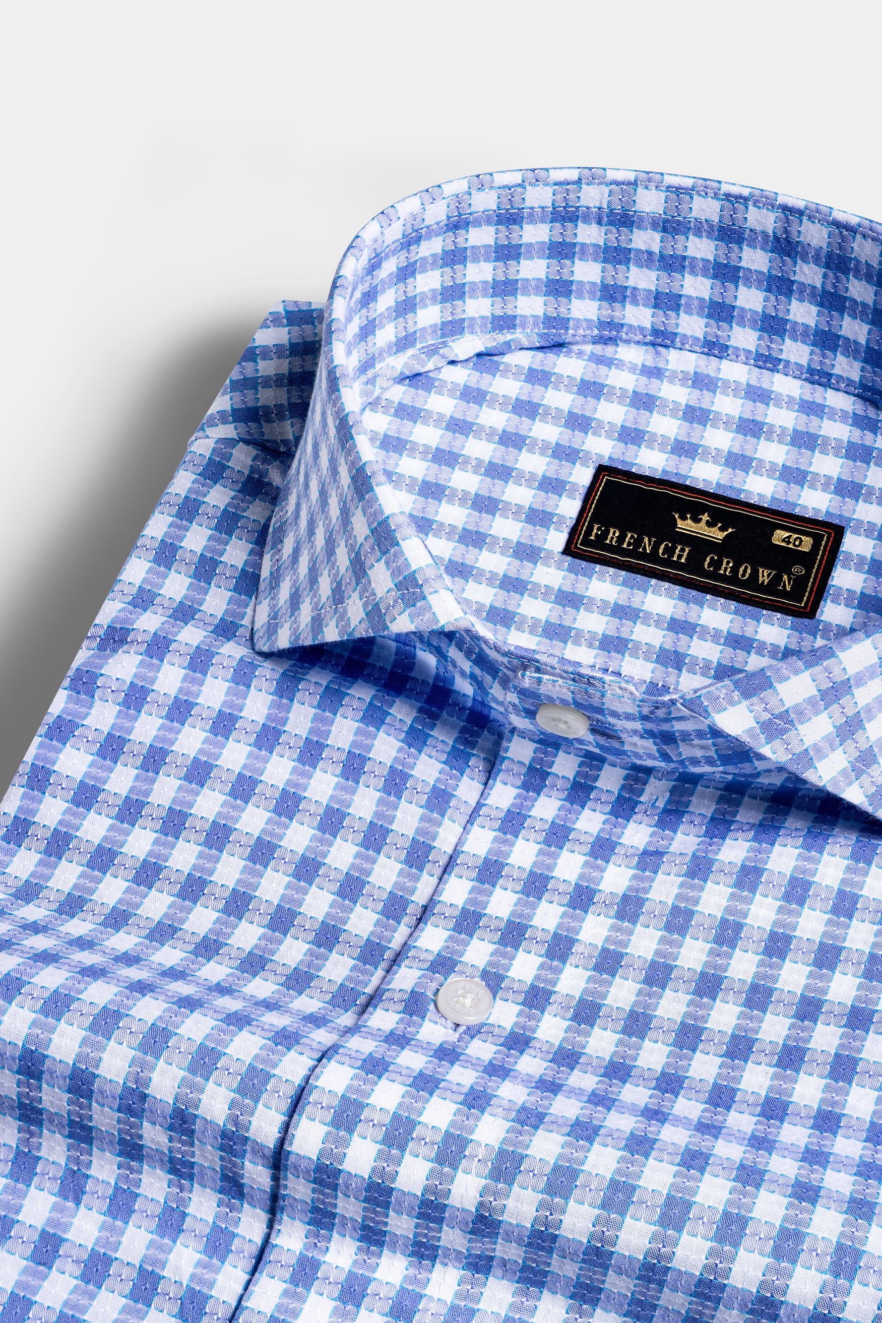 Tufts Blue and White Checkered with Bearded Man Patchwork Dobby Textured Premium Giza Cotton Designer Shirt