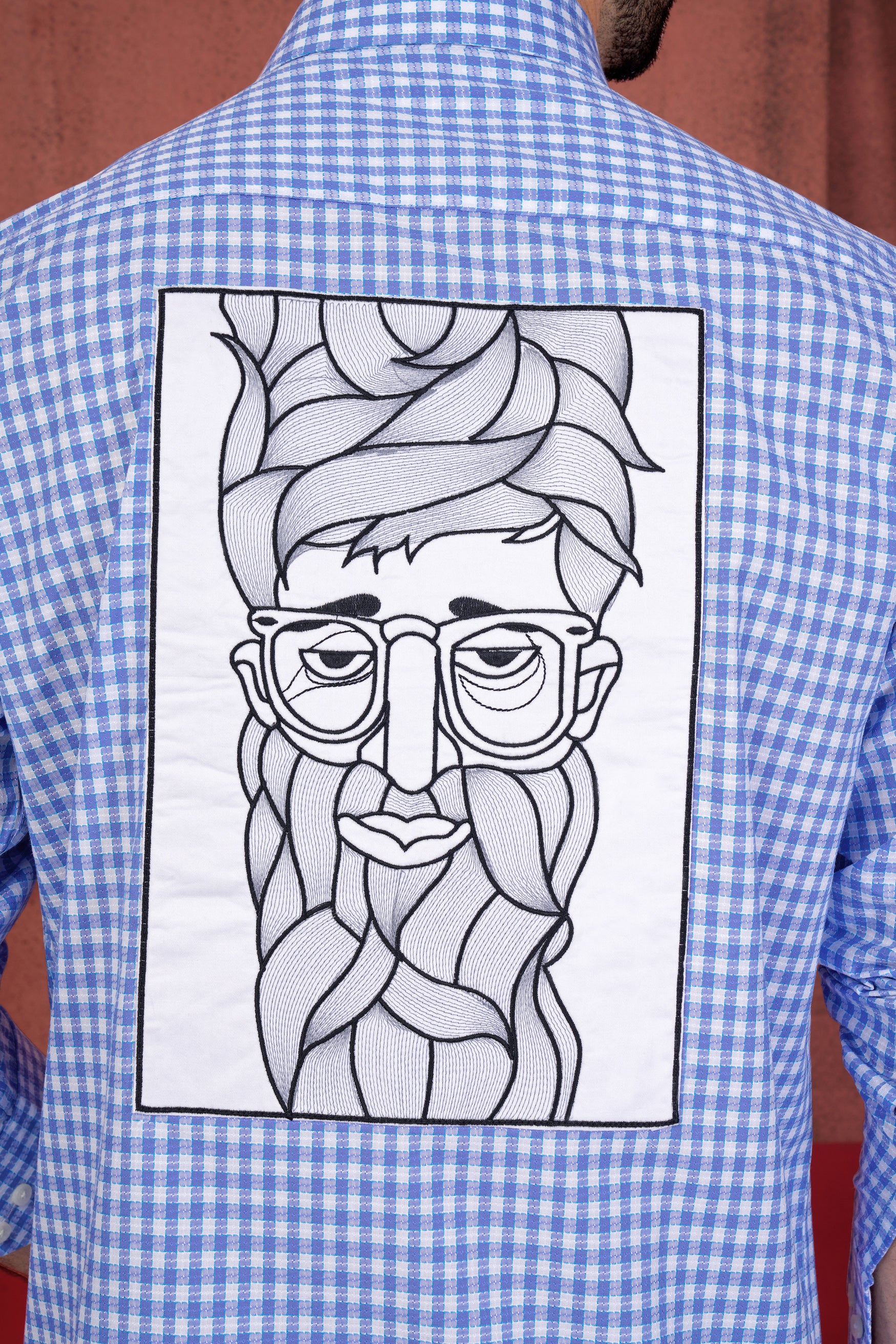 Tufts Blue and White Checkered with Bearded Man Patchwork Dobby Textured Premium Giza Cotton Designer Shirt