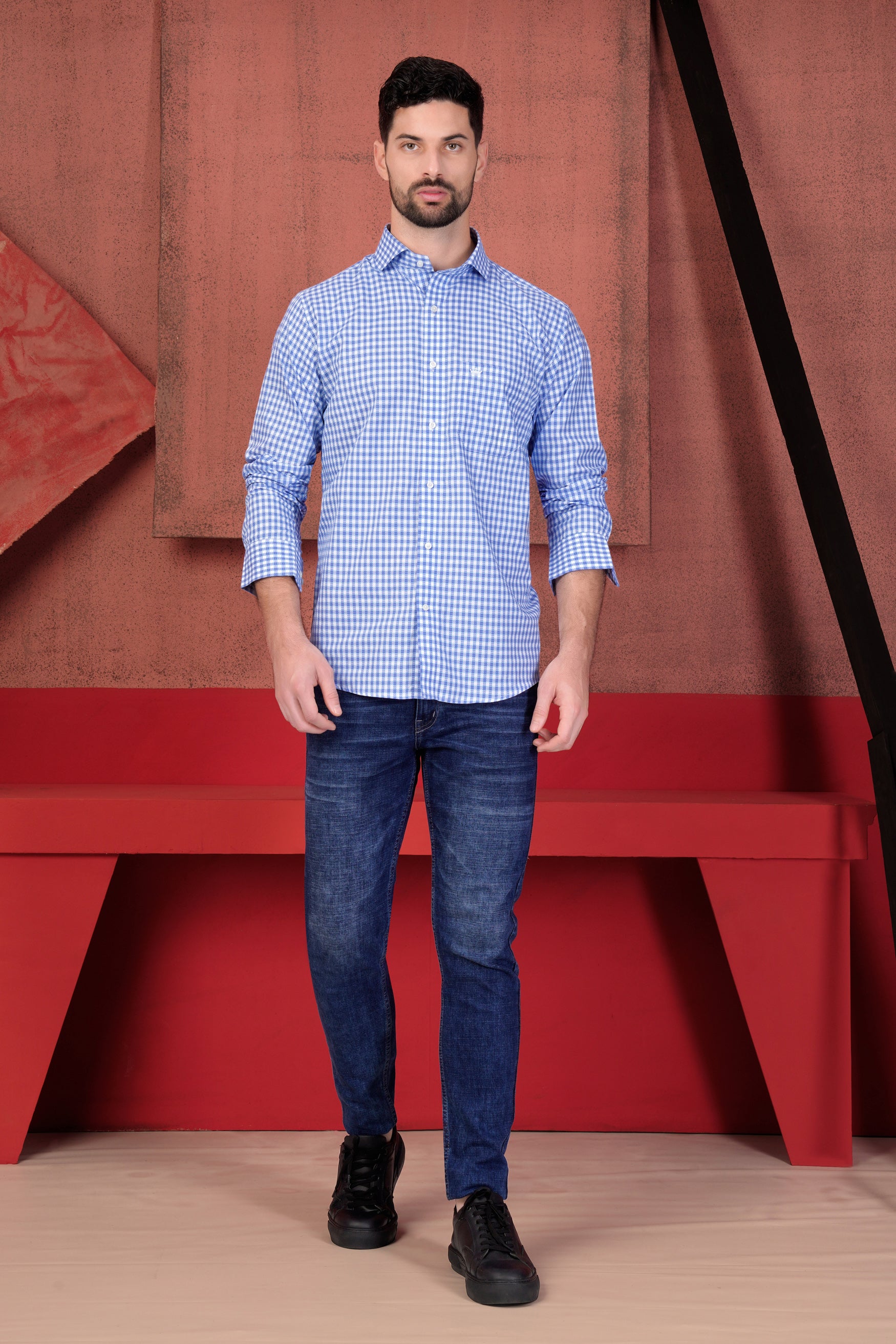 Tufts Blue and White Checkered with Bearded Man Patchwork Dobby Textured Premium Giza Cotton Designer Shirt