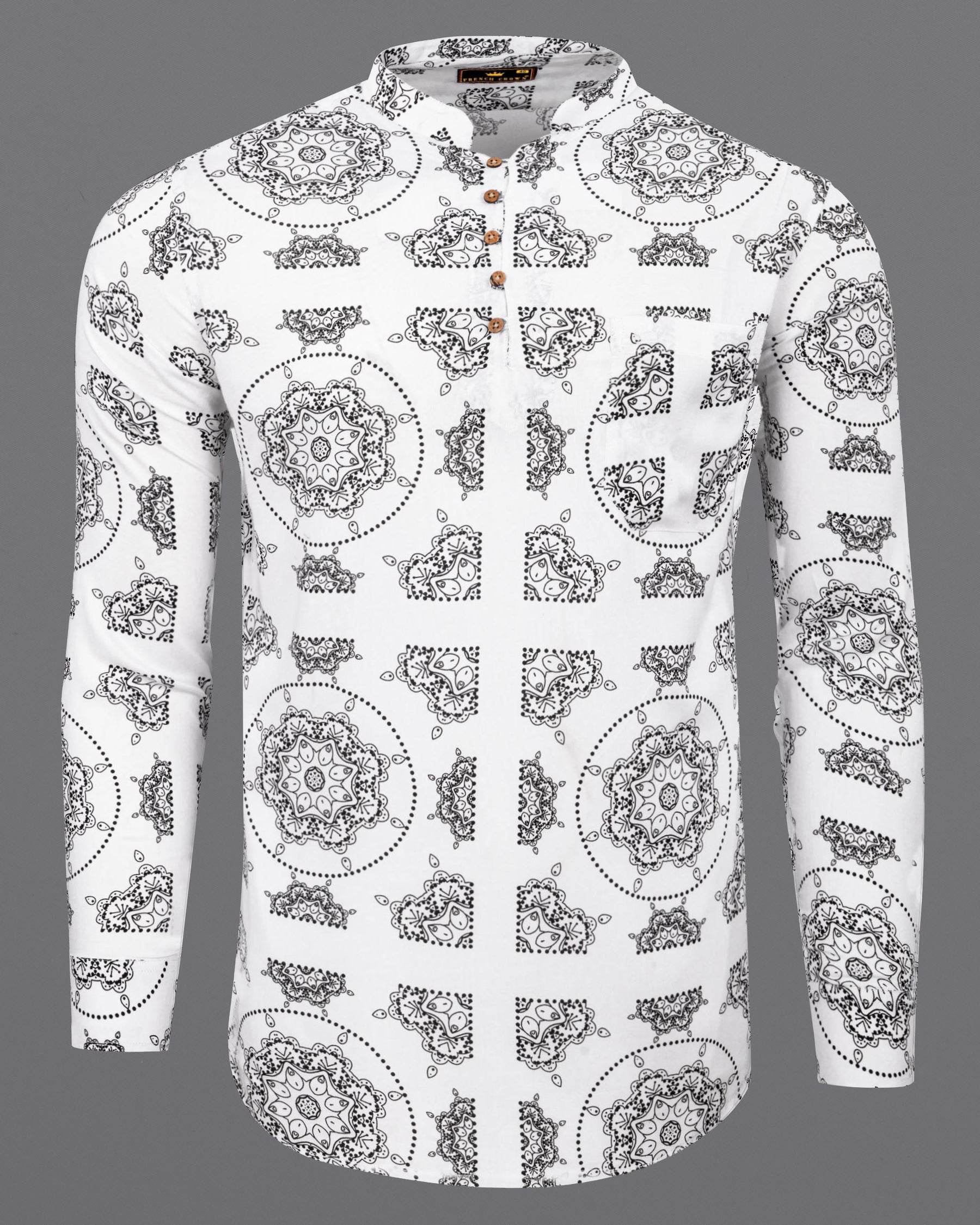 Bright White Printed Premium Cotton Kurta Shirt