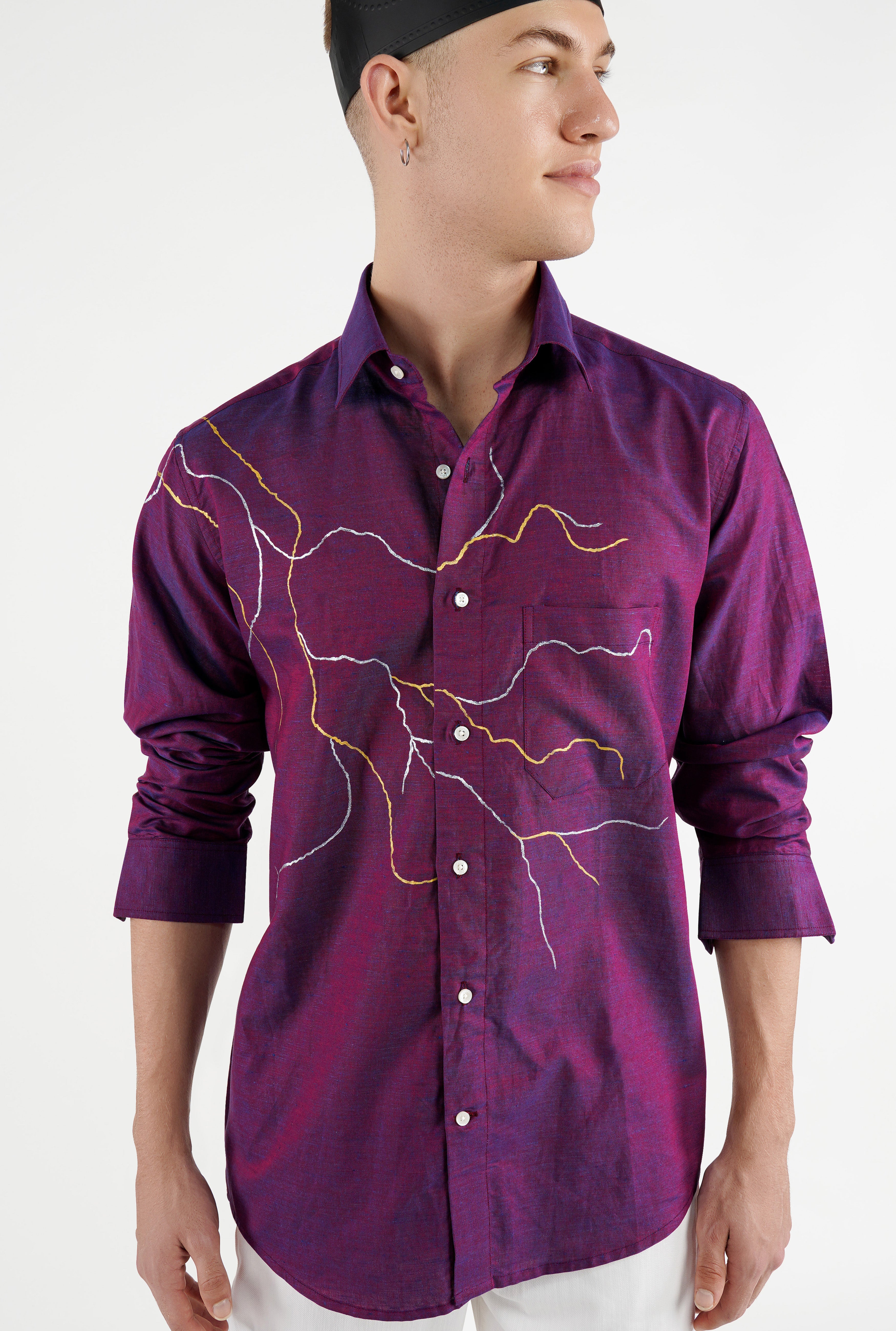 Chamelot Pink and Biscay Blue Hand Painted Dobby Premium Giza Cotton Designer Shirt