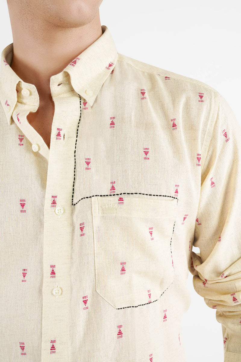 Timberwolf Beige Hand Stitched Jacquard Luxurious Linen Button-Down Designer Shirt