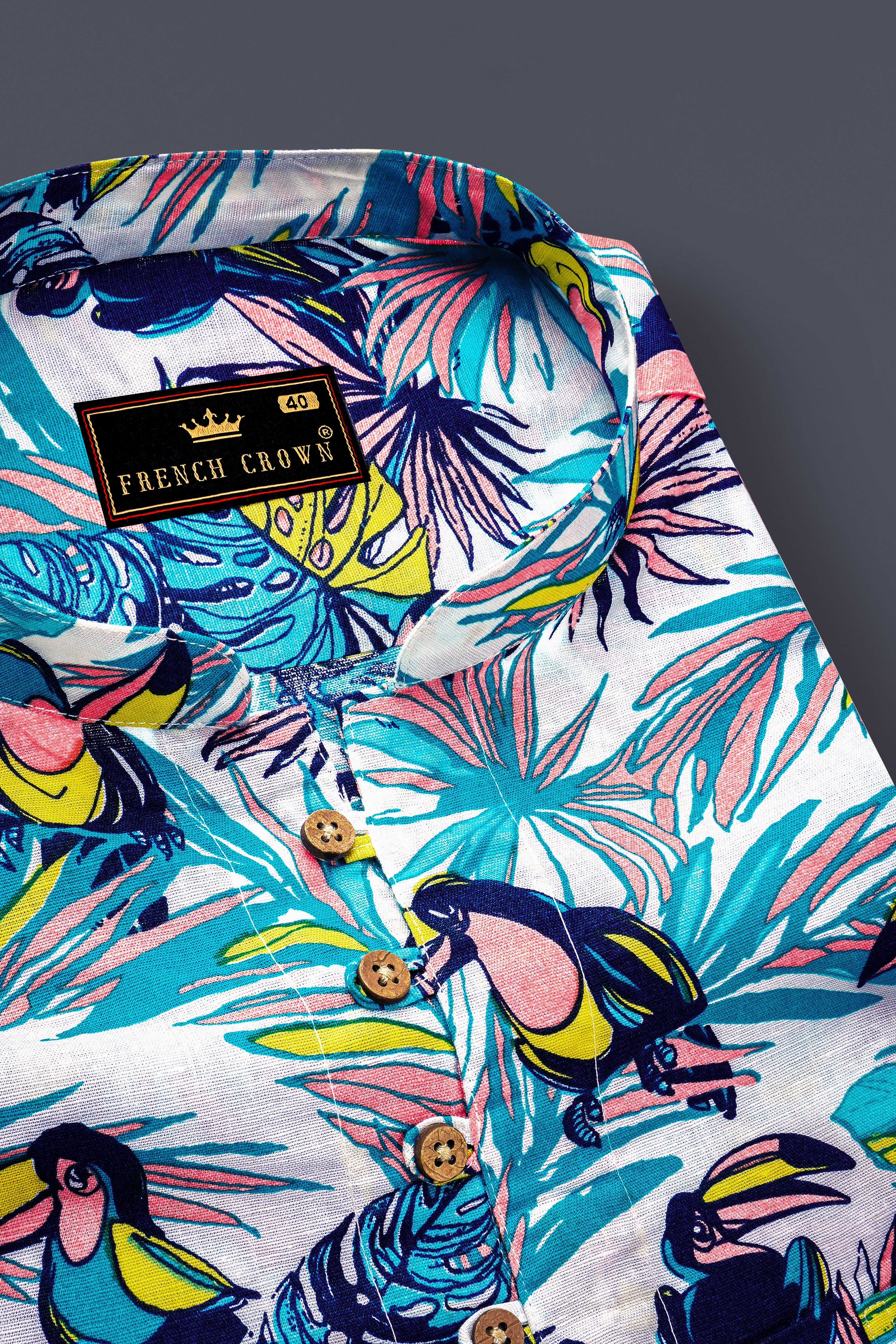 White with tonal blue Tropical Printed Luxurious Linen Kurta Shirt