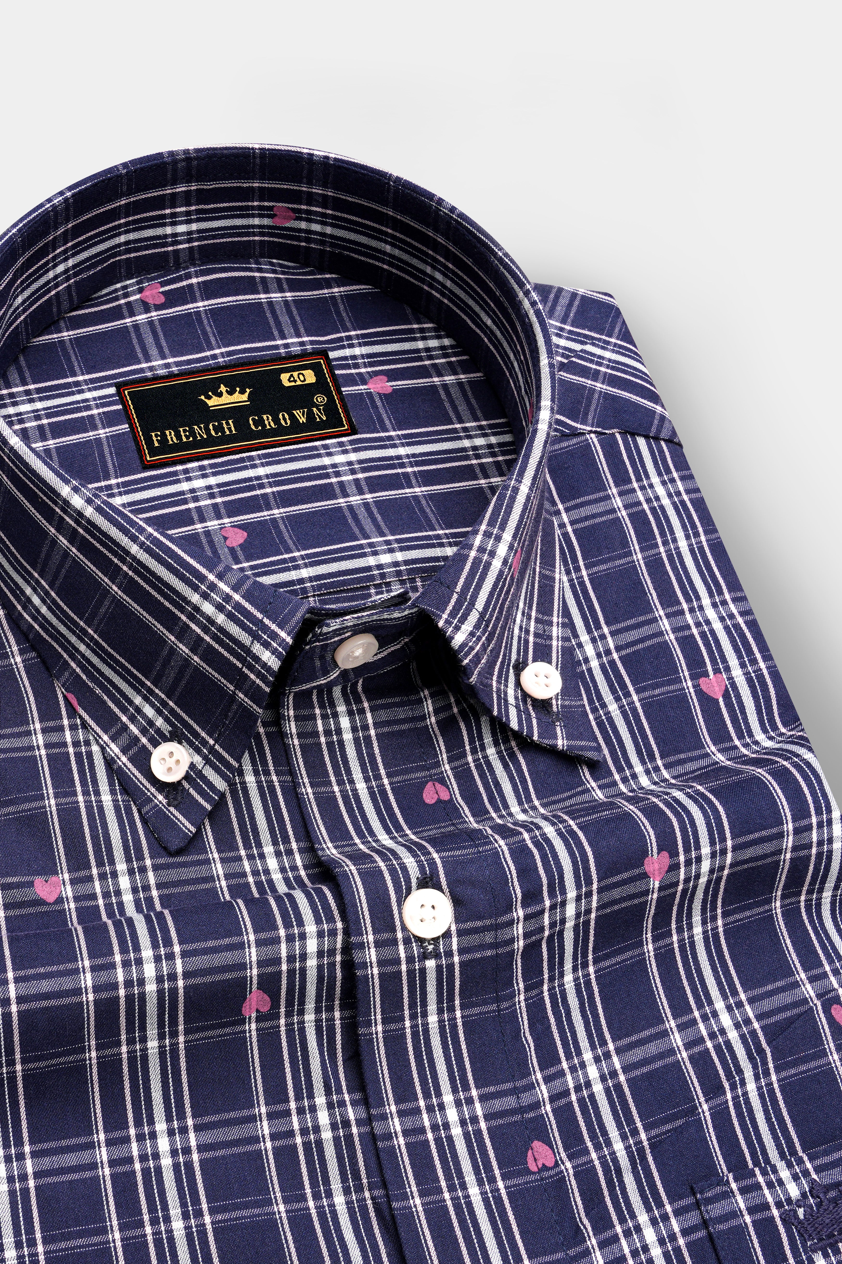 Port Gore Blue Heart Printed Plaid Premium Cotton Shirt