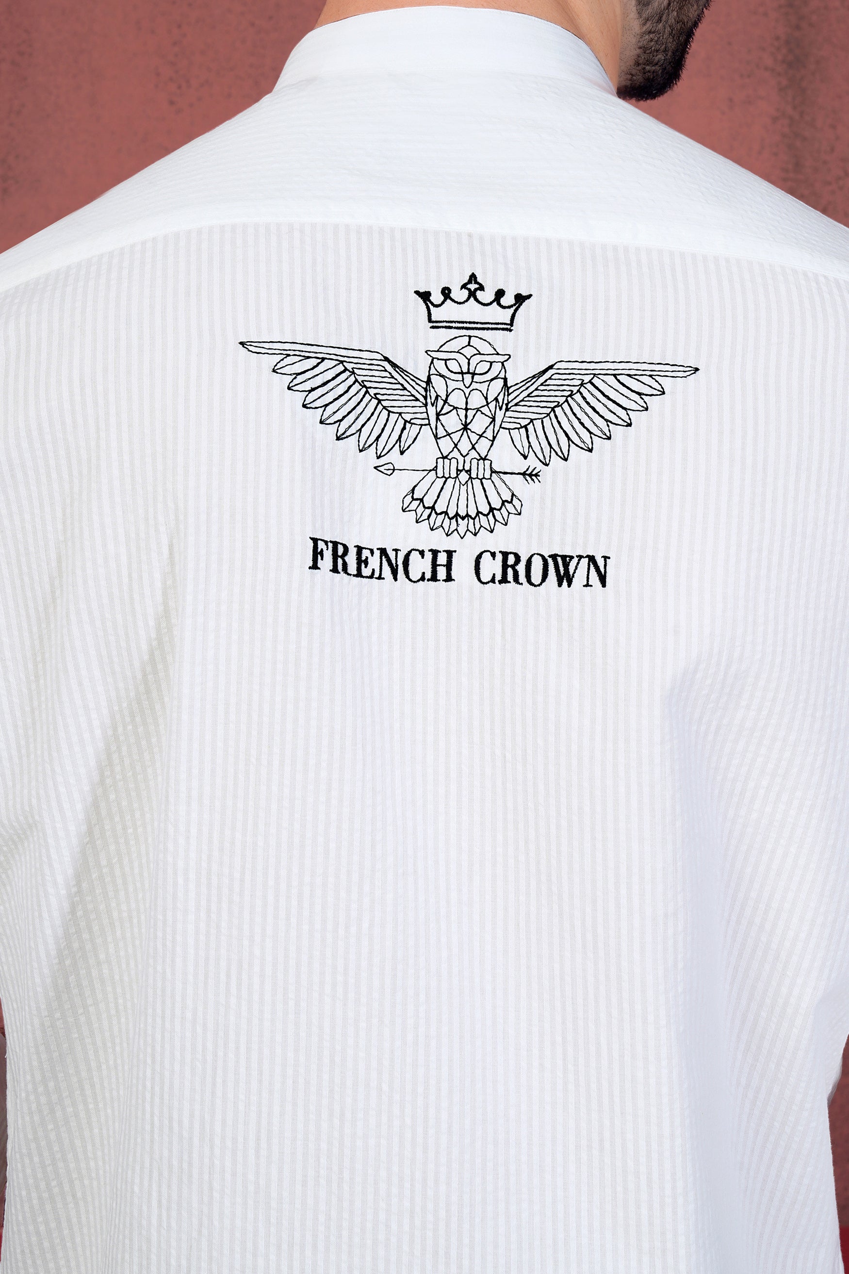 Bright White Striped with Owl Embroidered Seersucker Designer Shirt