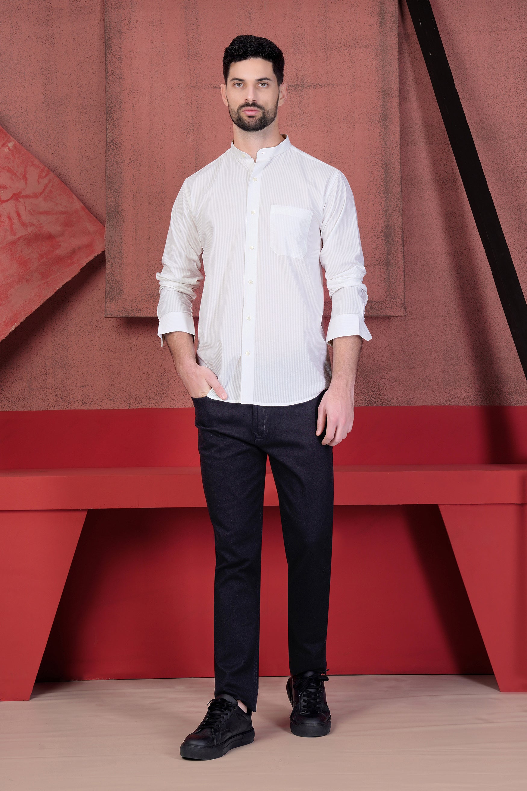 Bright White Striped with Owl Embroidered Seersucker Designer Shirt