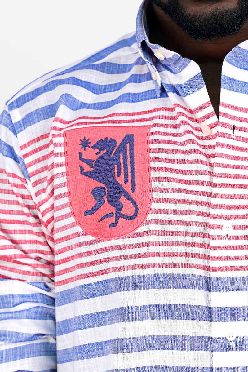 Lynch Blue and Reddish Striped with Funky Patchwork Luxurious Linen Designer Shirt